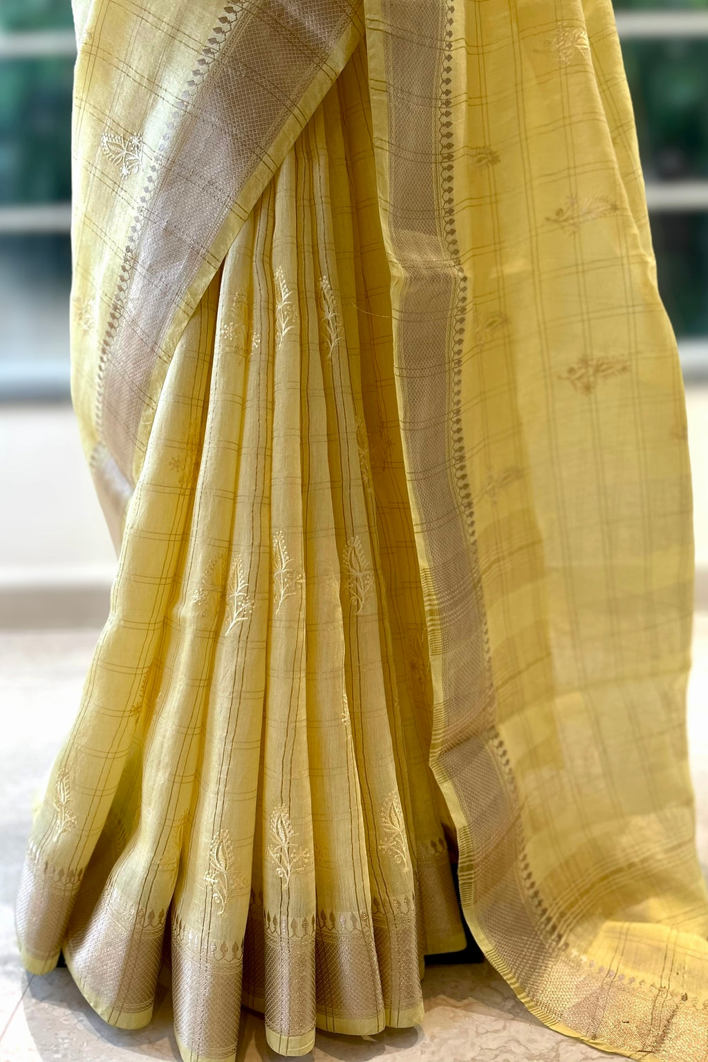 Soft embroidered zari cotton saree - Yellow