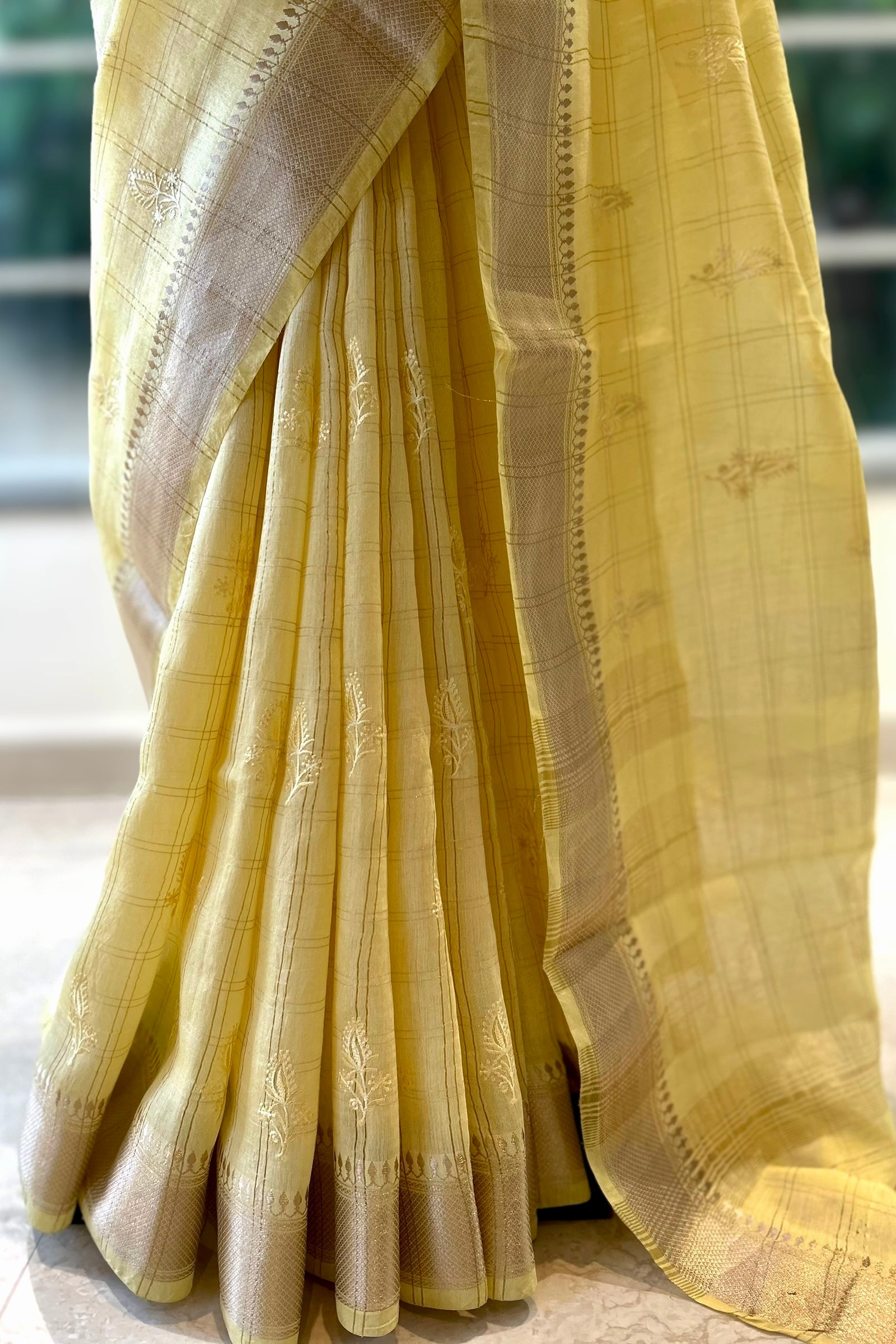 Soft embroidered zari cotton saree - Yellow