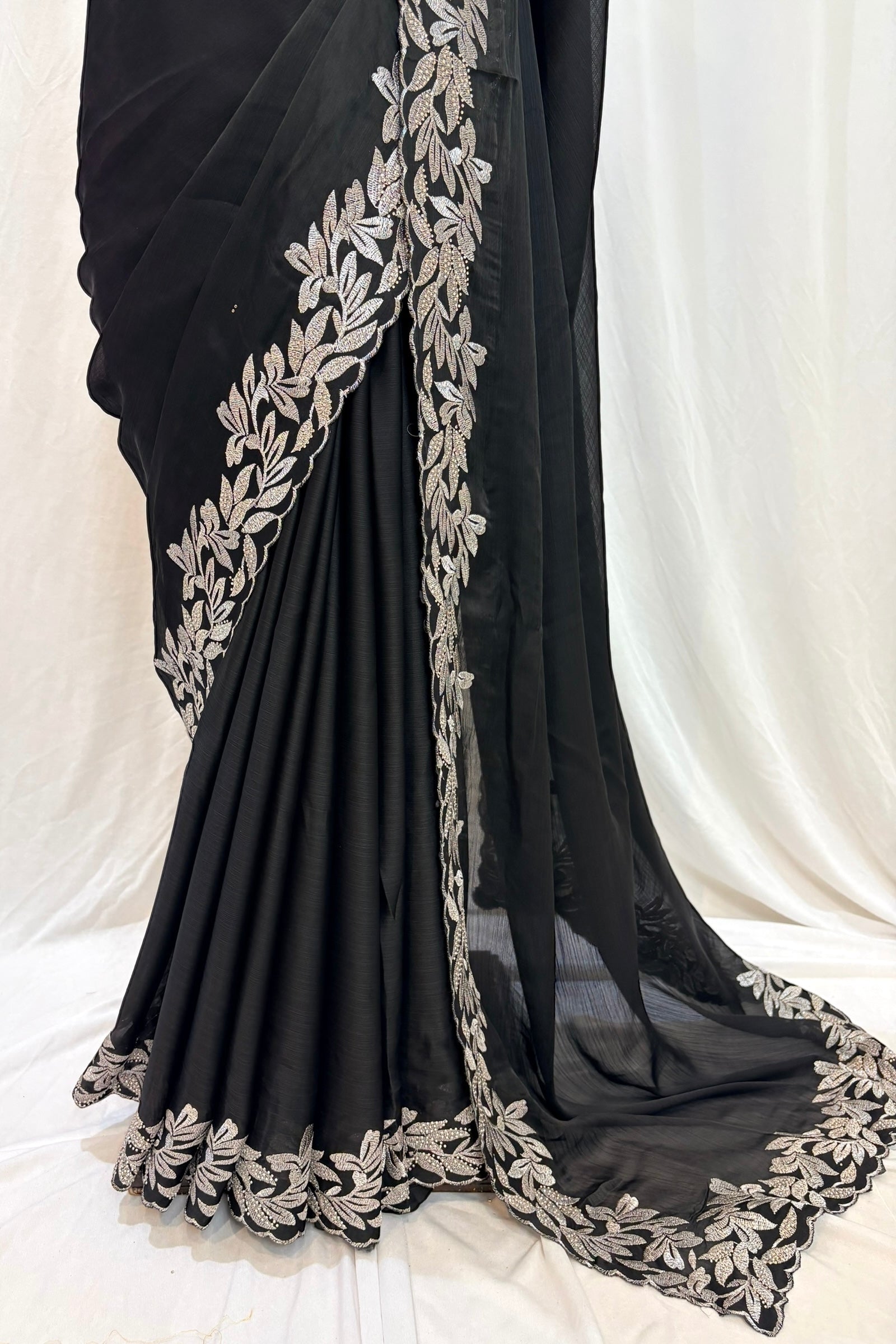 Floral embellished chiffon saree - Black leafy