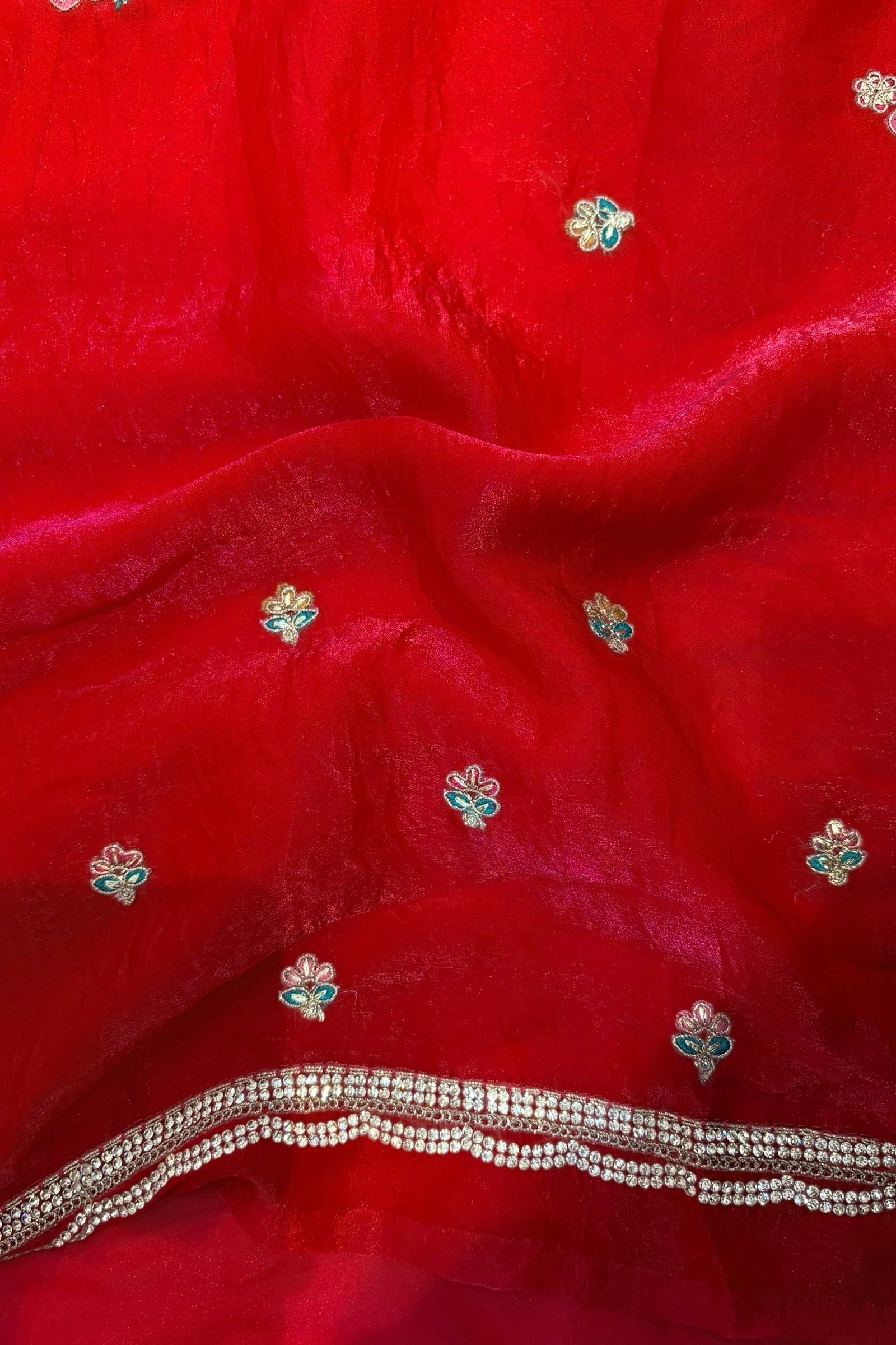 Red embellished fendy satin saree