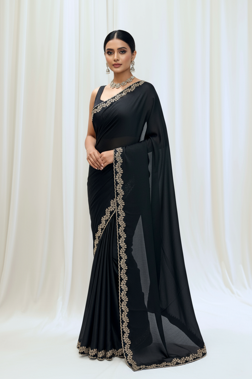 Minimalist swarovski chiffon saree - Black