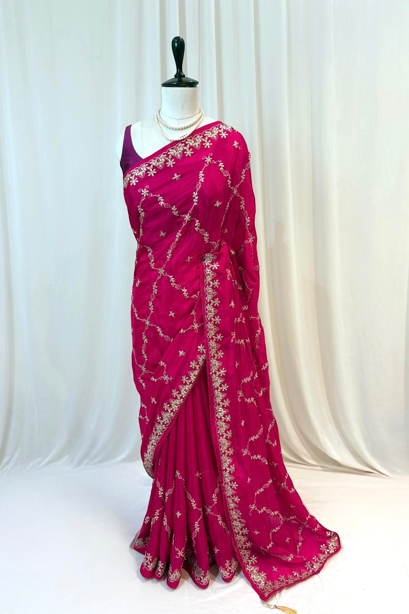 Soft organza silk embroidered saree - Rani pink