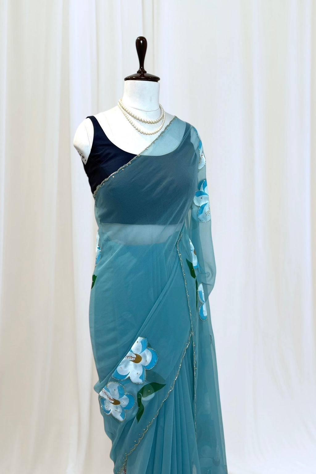 Hand-painted floral saree - Sky Blue
