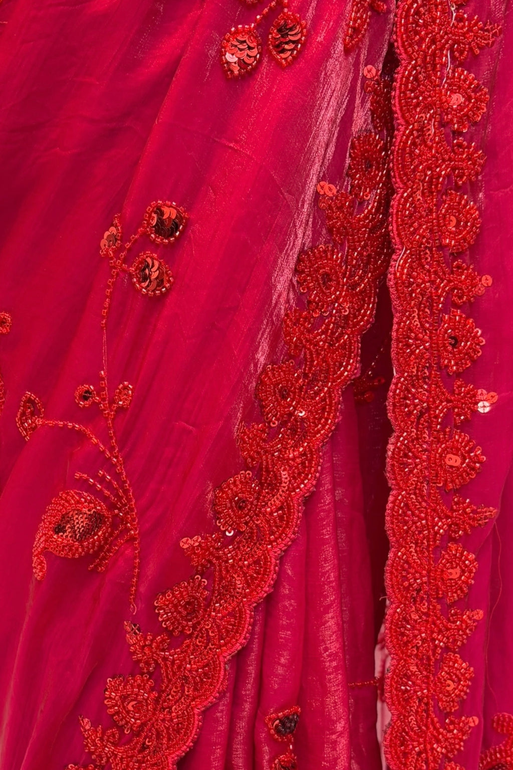 Crimson sequins bead work saree