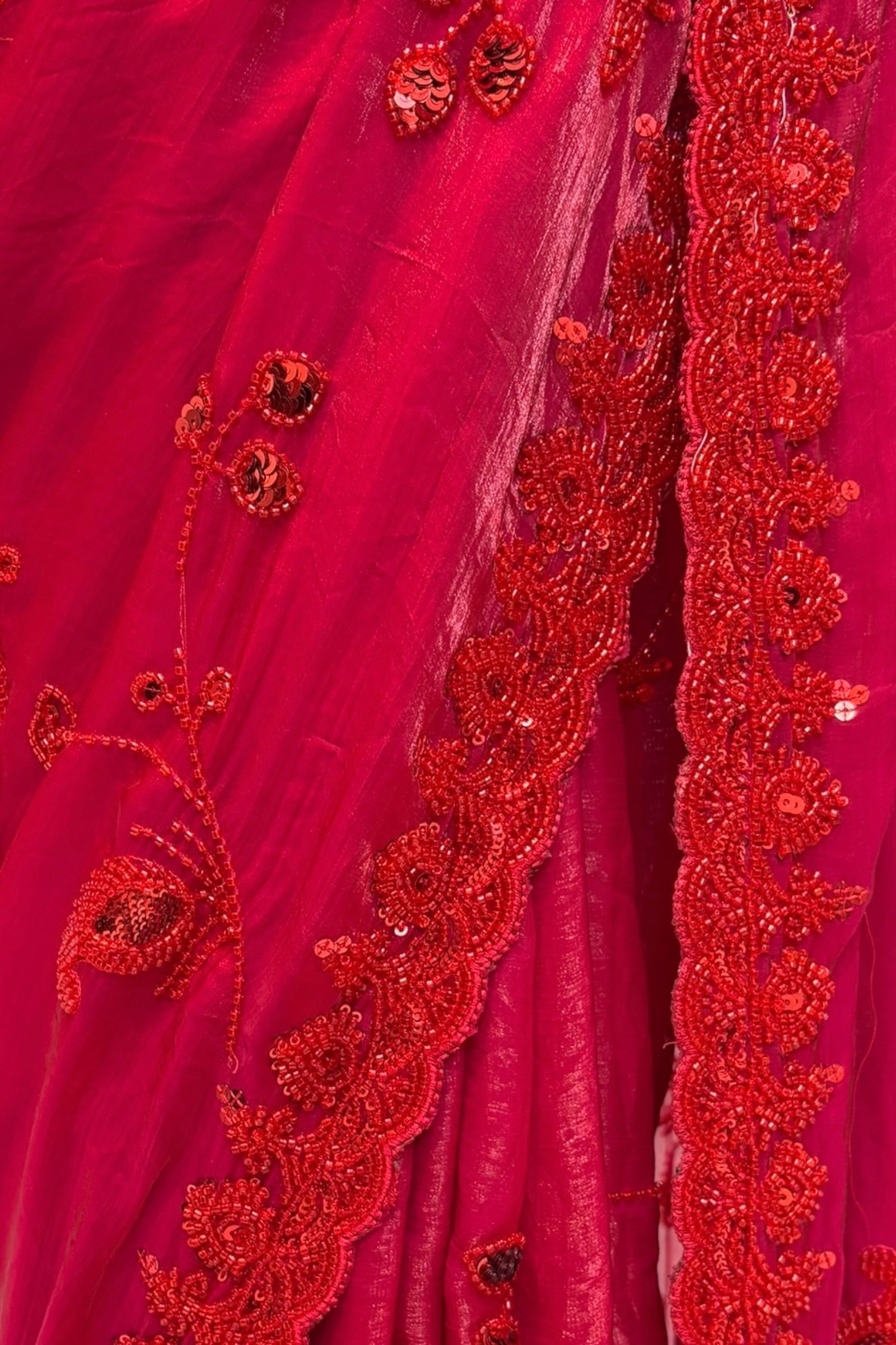 Crimson sequins bead work saree