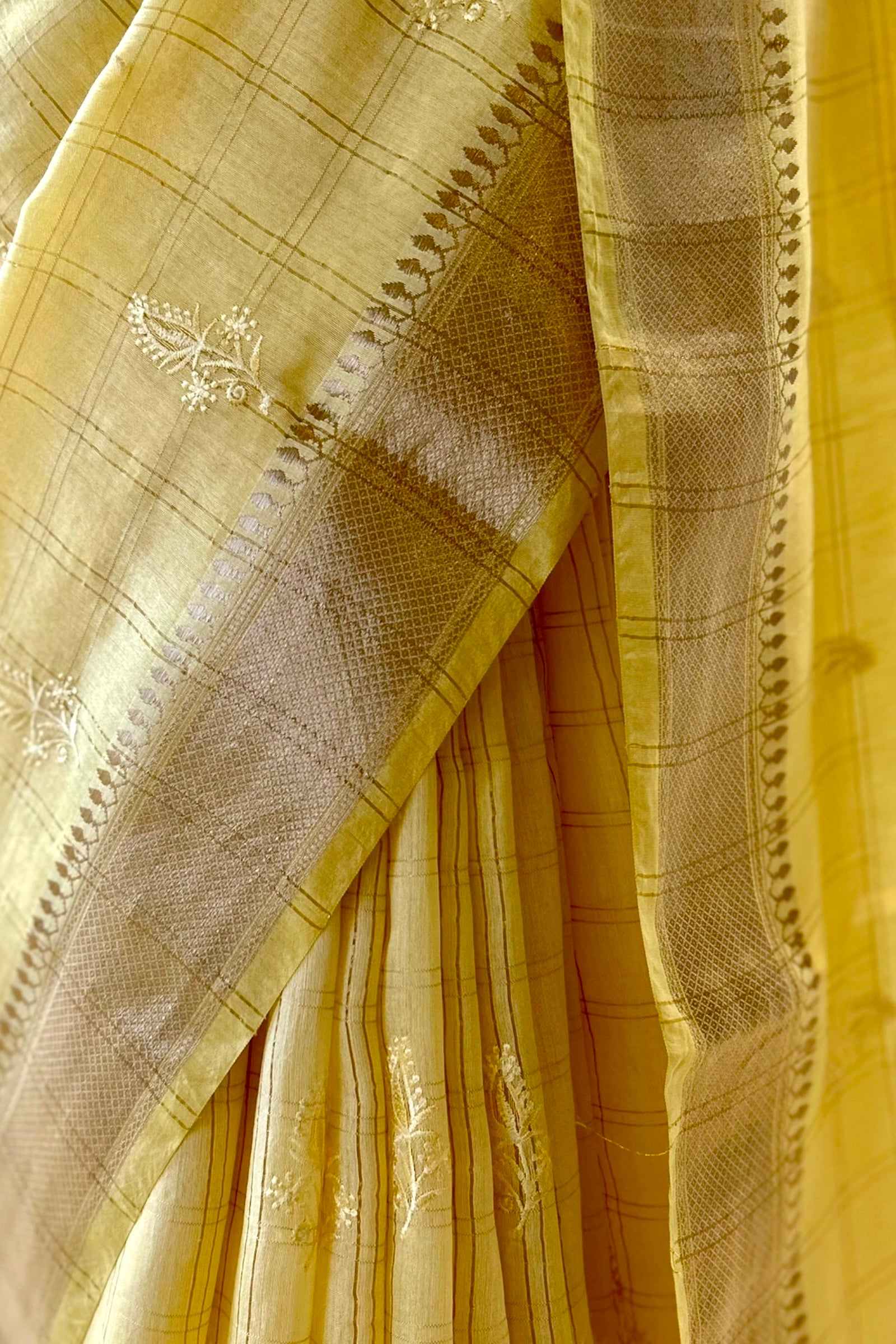 Soft embroidered zari cotton saree - Yellow