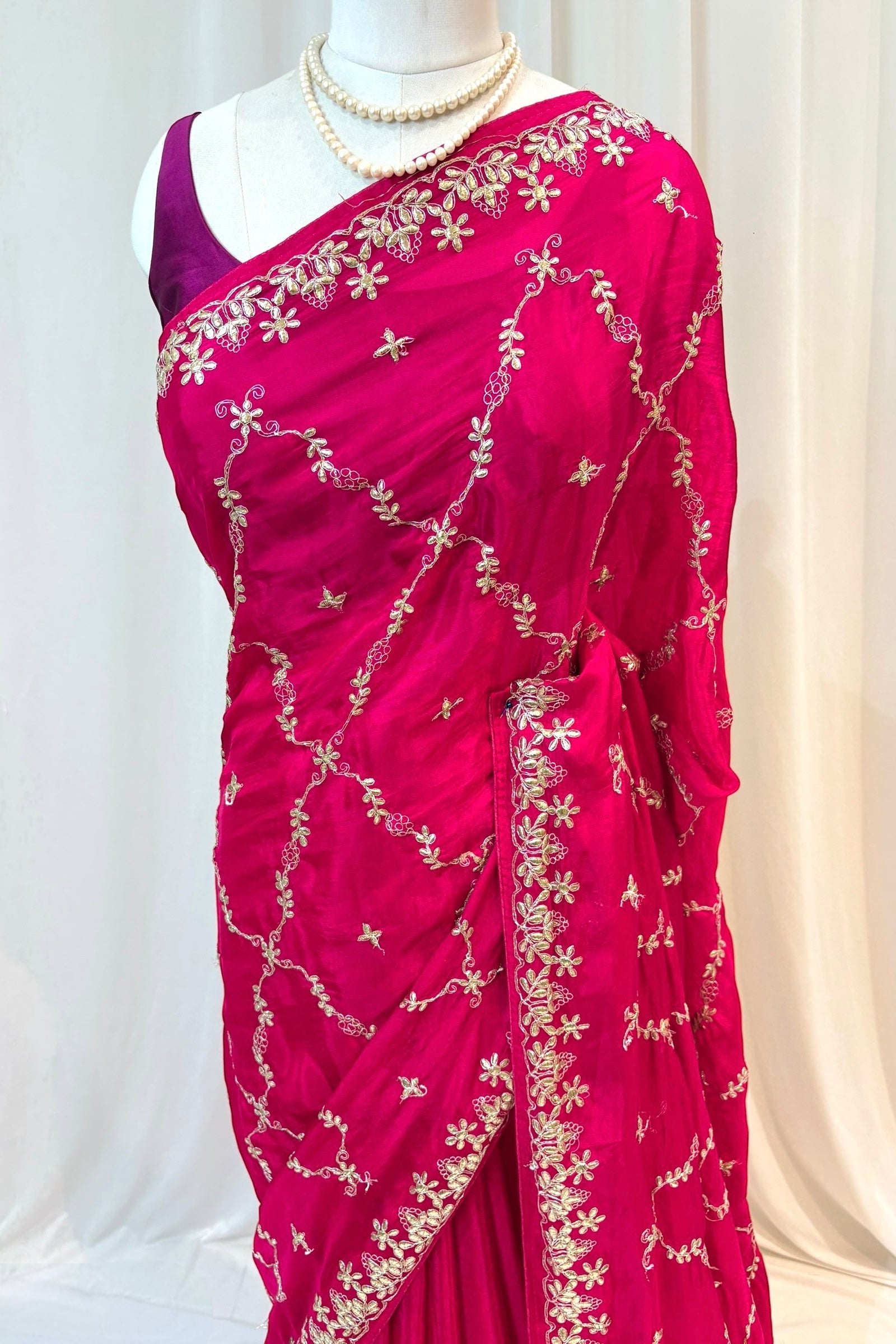 Soft organza silk embroidered saree - Rani pink