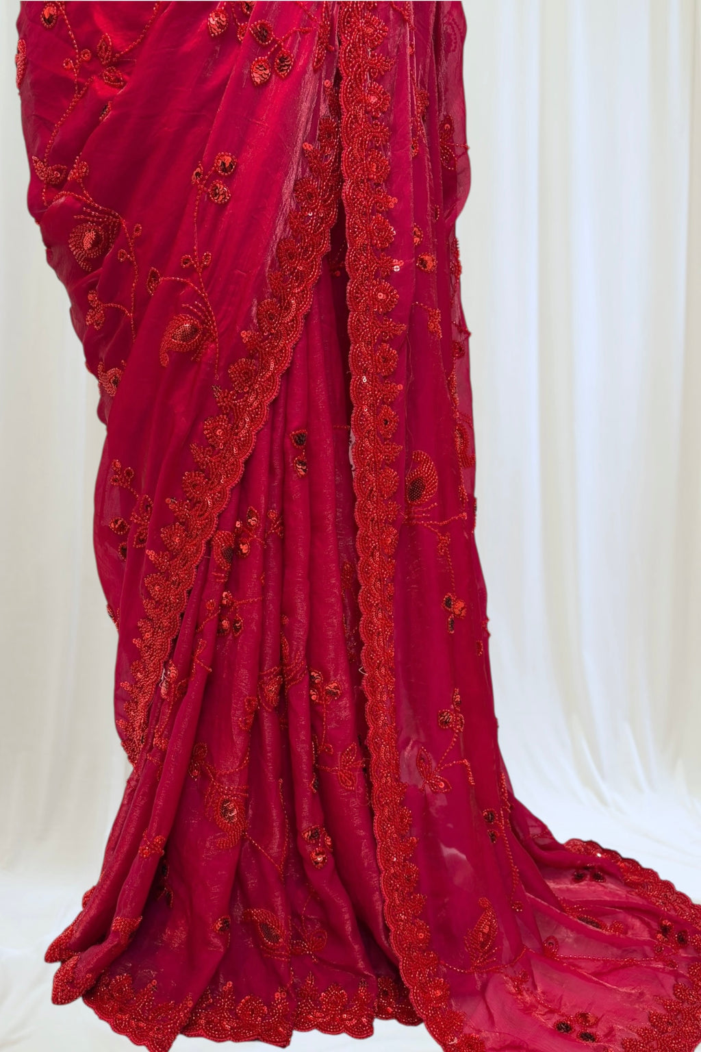 Crimson sequins bead work saree