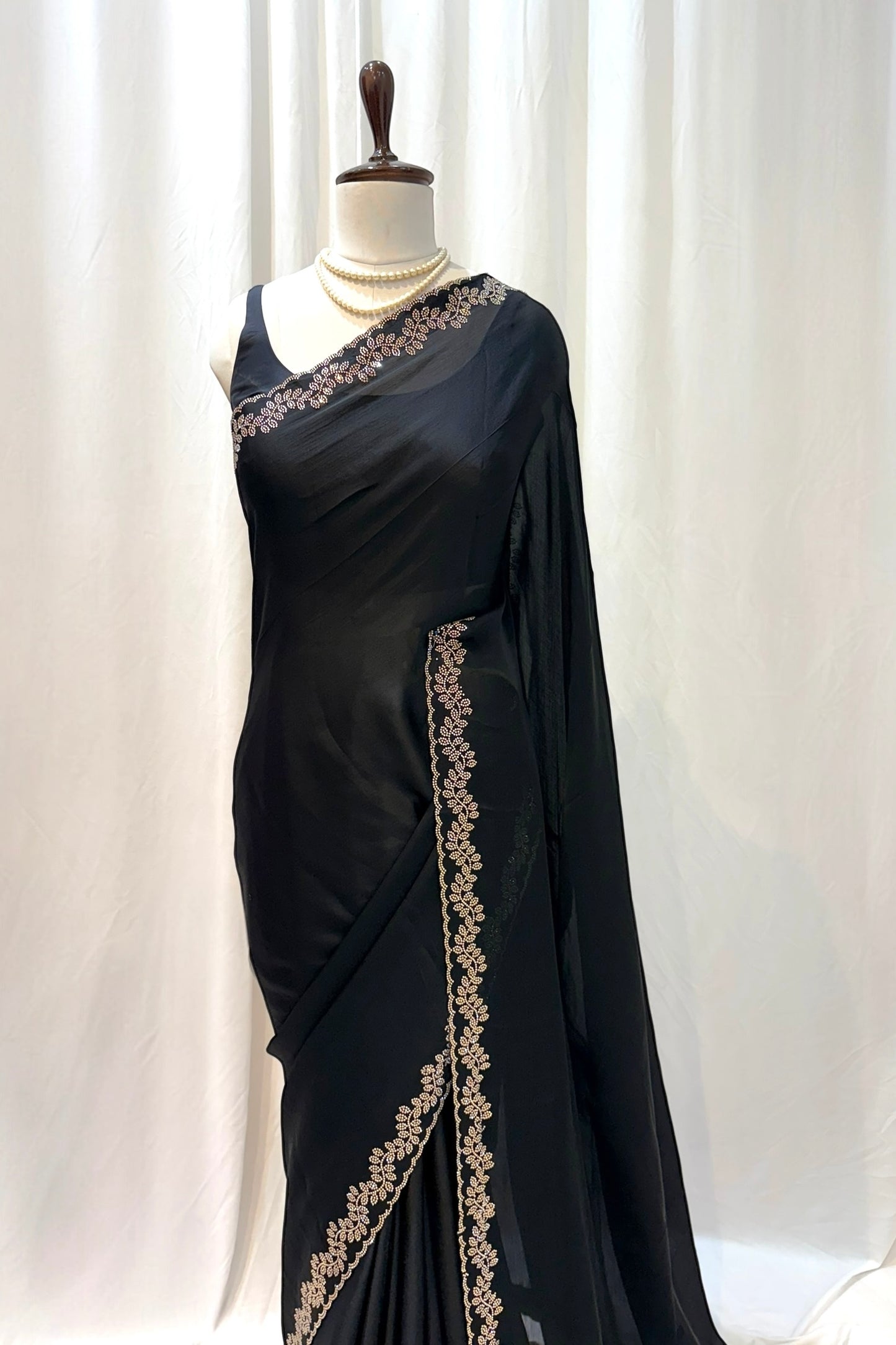 Minimalist swarovski chiffon saree - Black