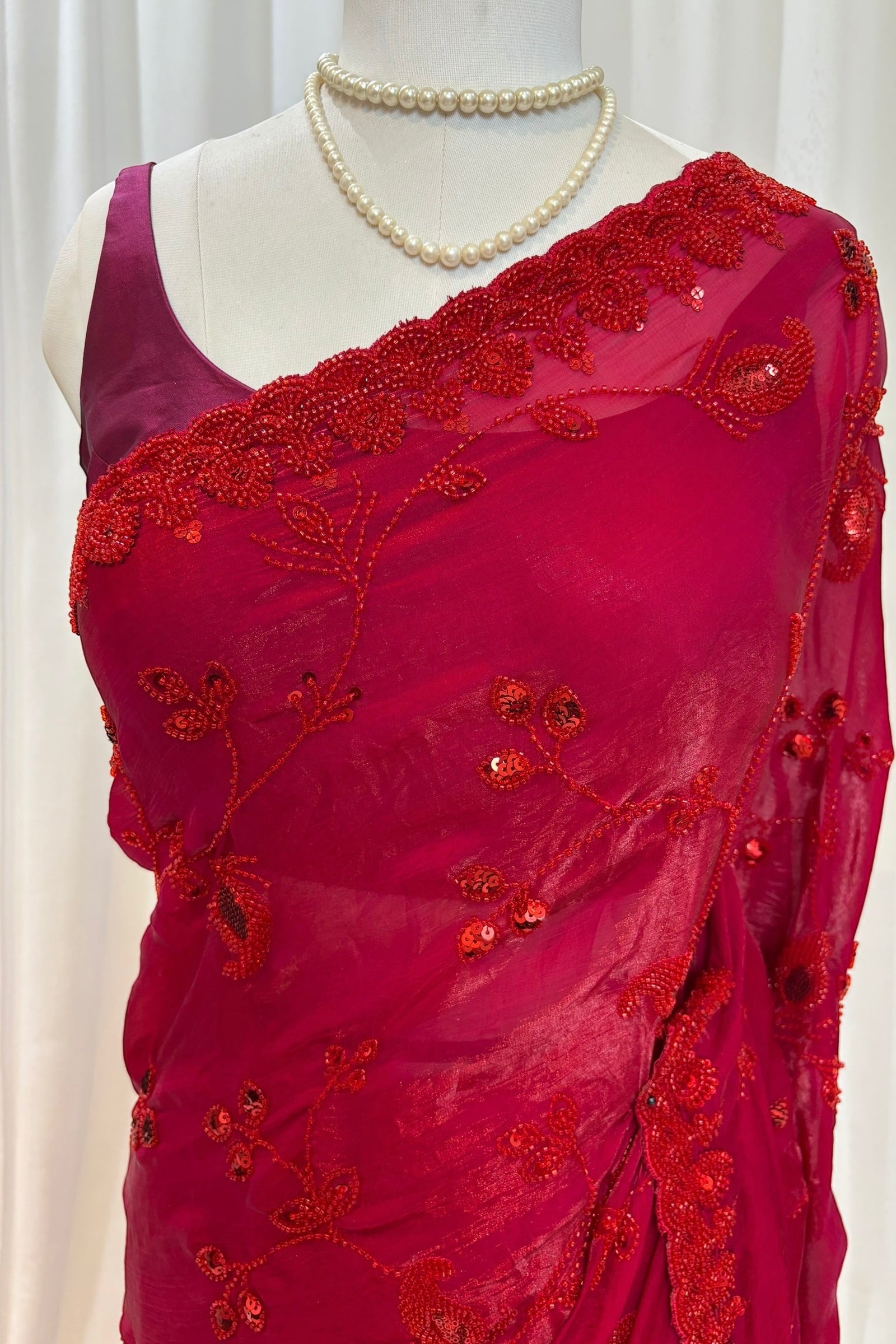 Crimson sequins bead work saree