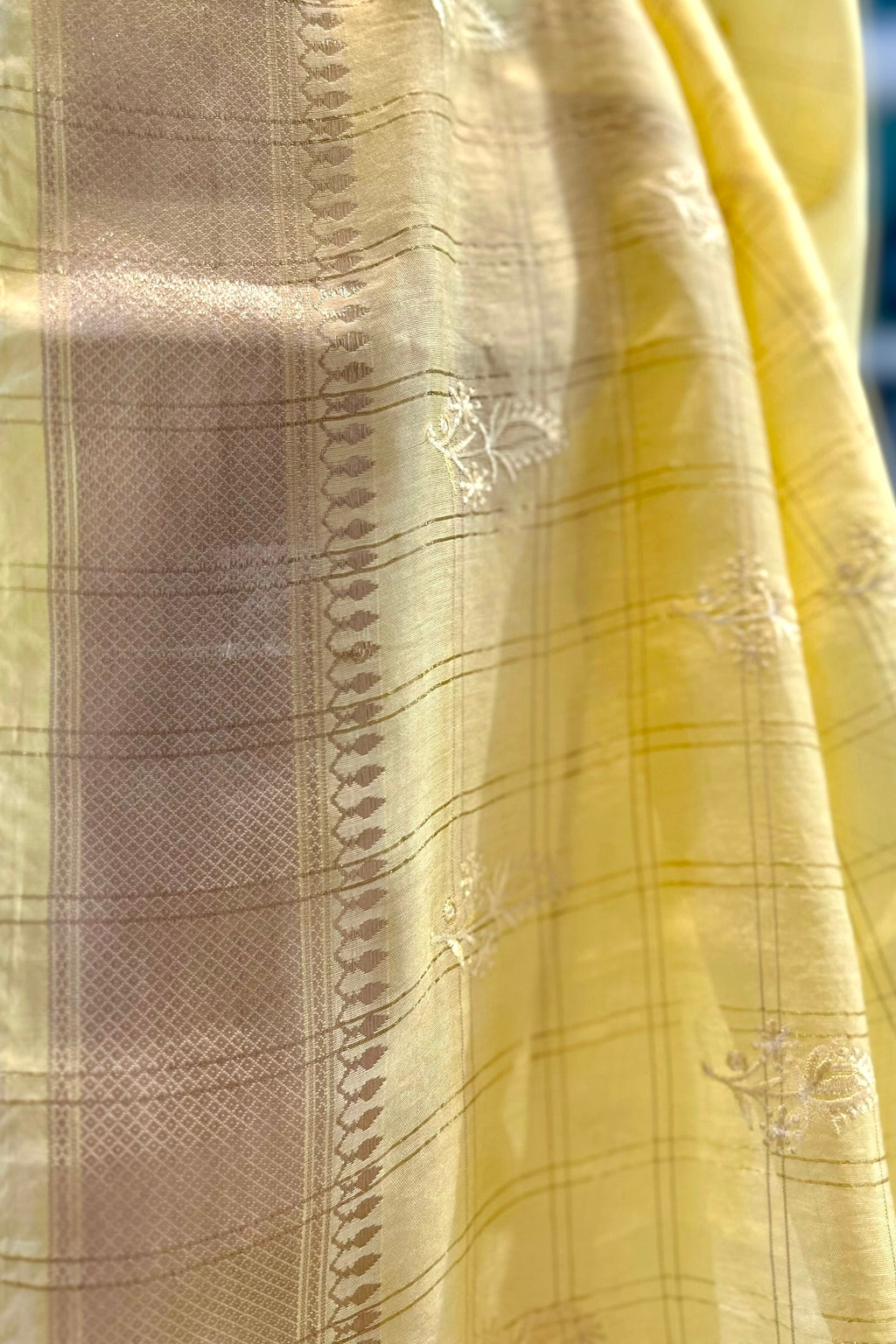 Soft embroidered zari cotton saree - Yellow