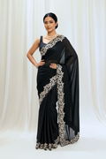 Floral embellished chiffon saree - Black leafy