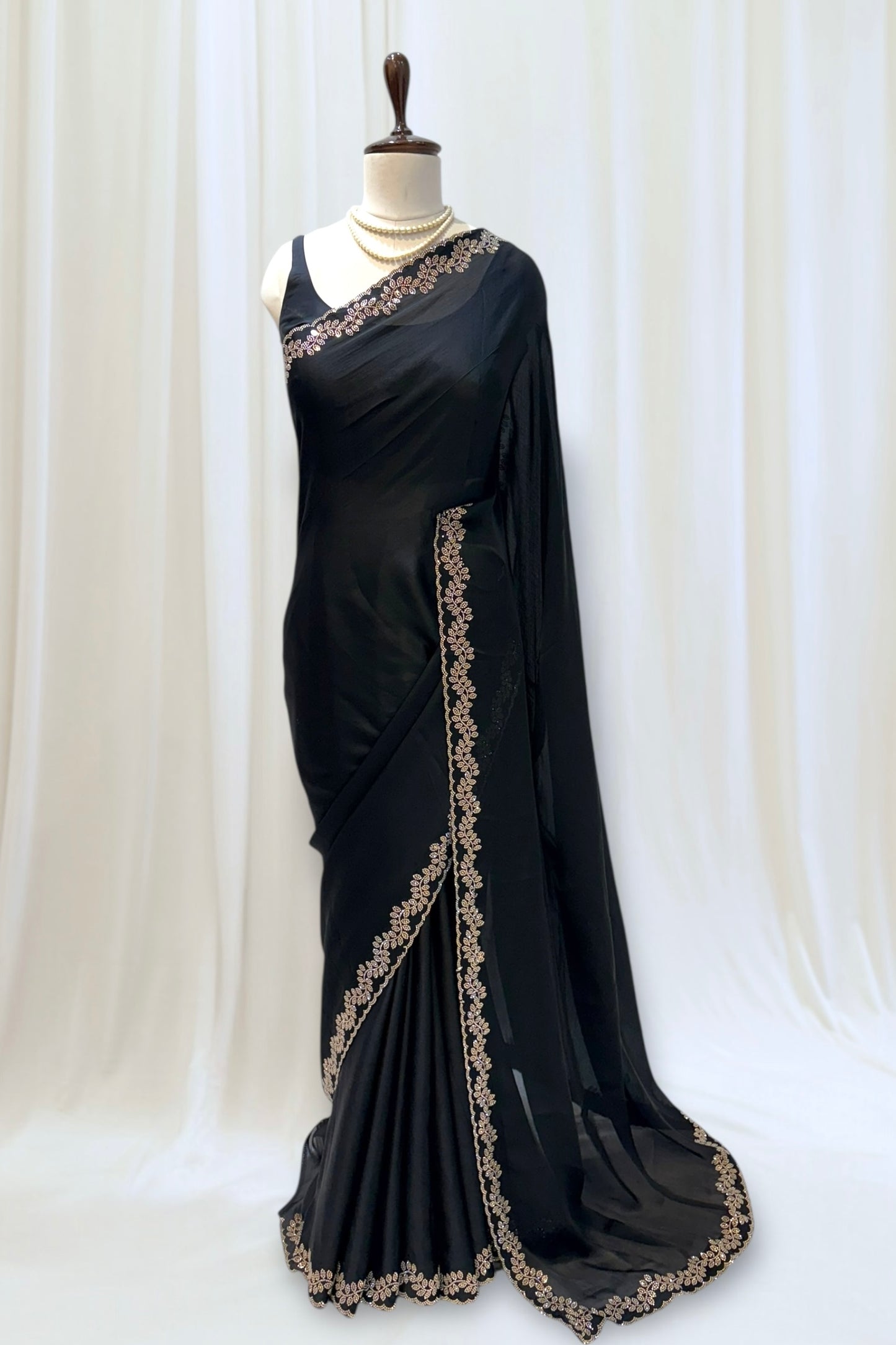 Minimalist swarovski chiffon saree - Black