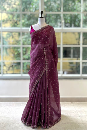 Self design organza silk saree - Violet
