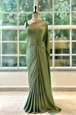 Soft satin sequins saree - Green