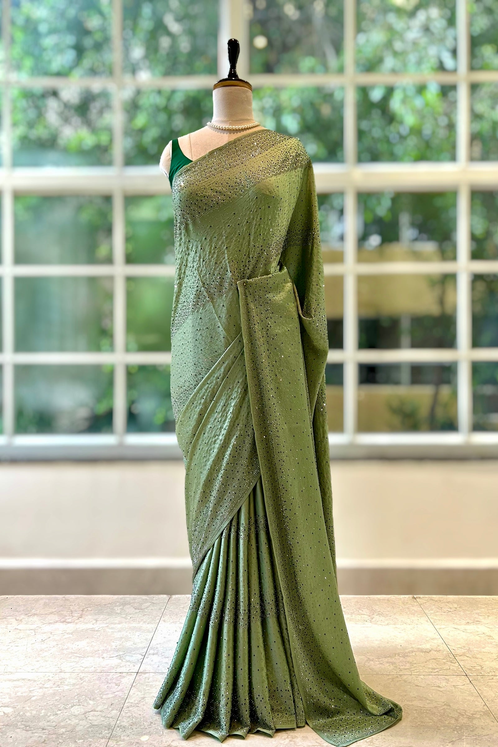 Soft satin sequins saree - Green