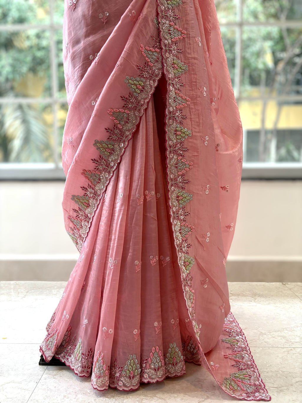 Pink shimmer organza saree