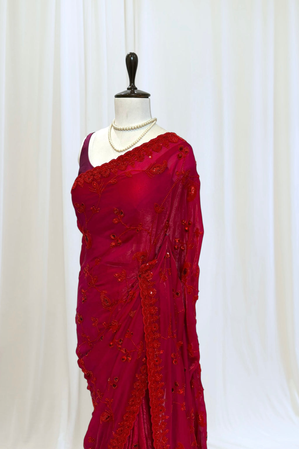 Crimson sequins bead work saree