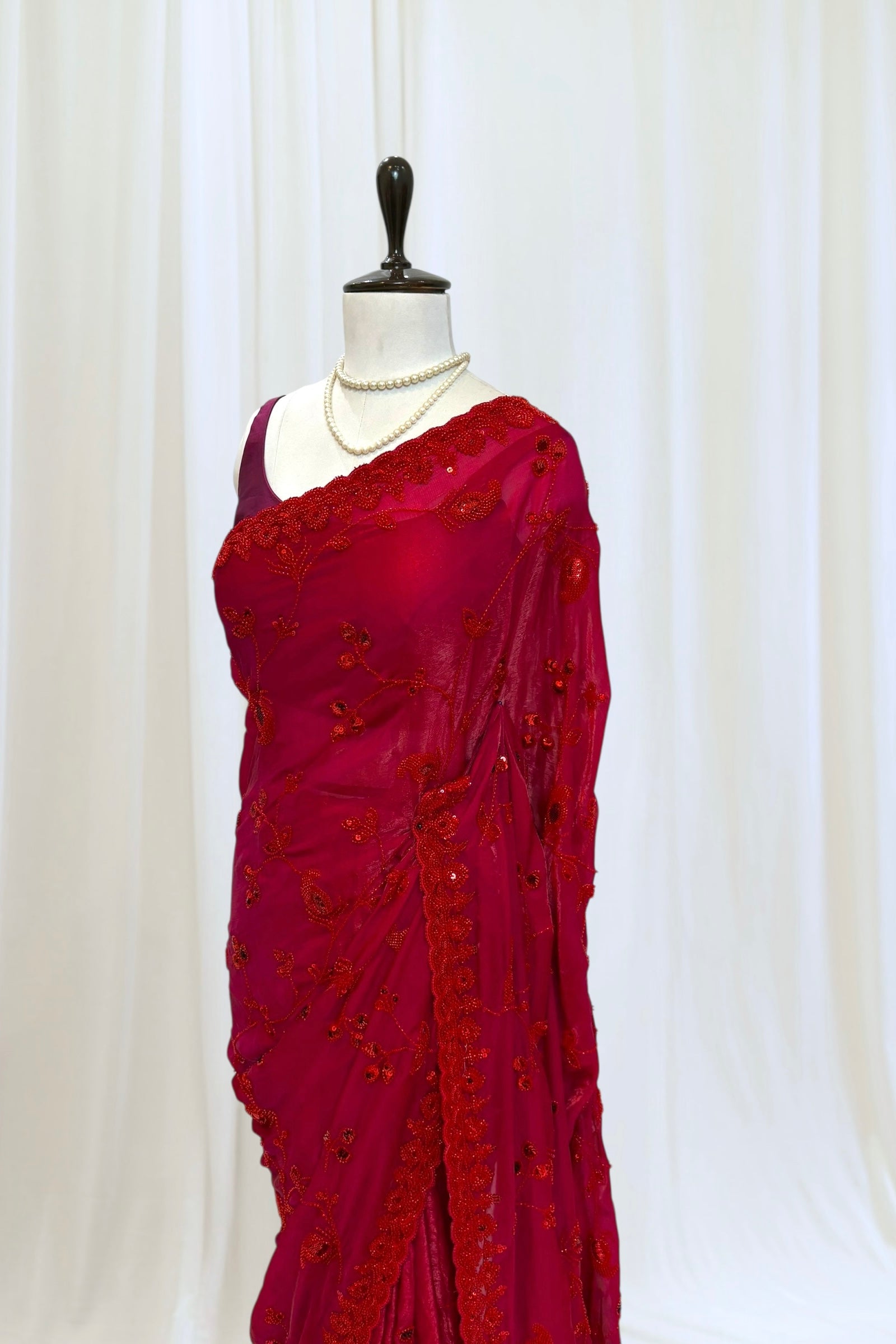 Crimson sequins bead work saree