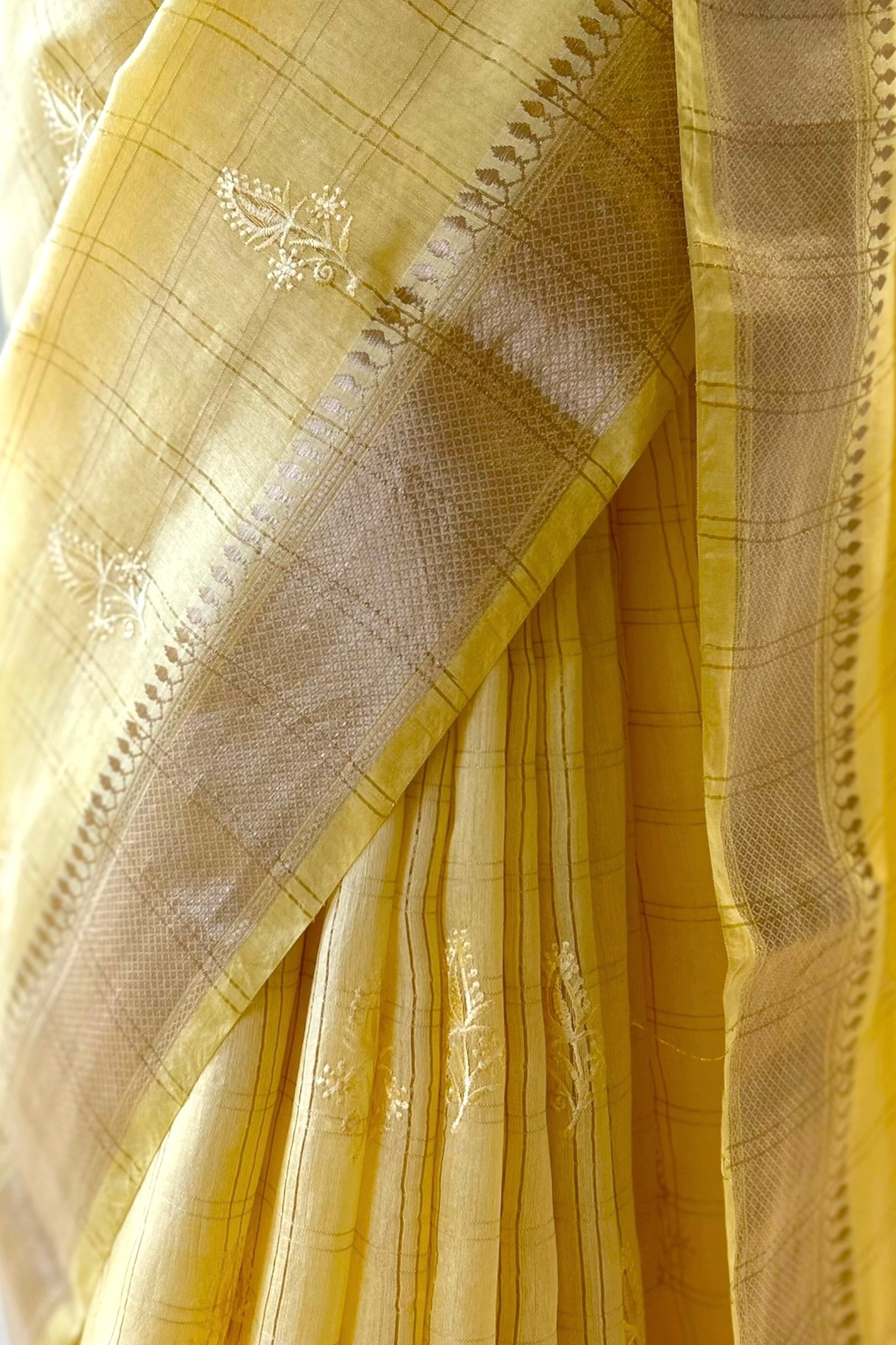 Soft embroidered zari cotton saree - Yellow