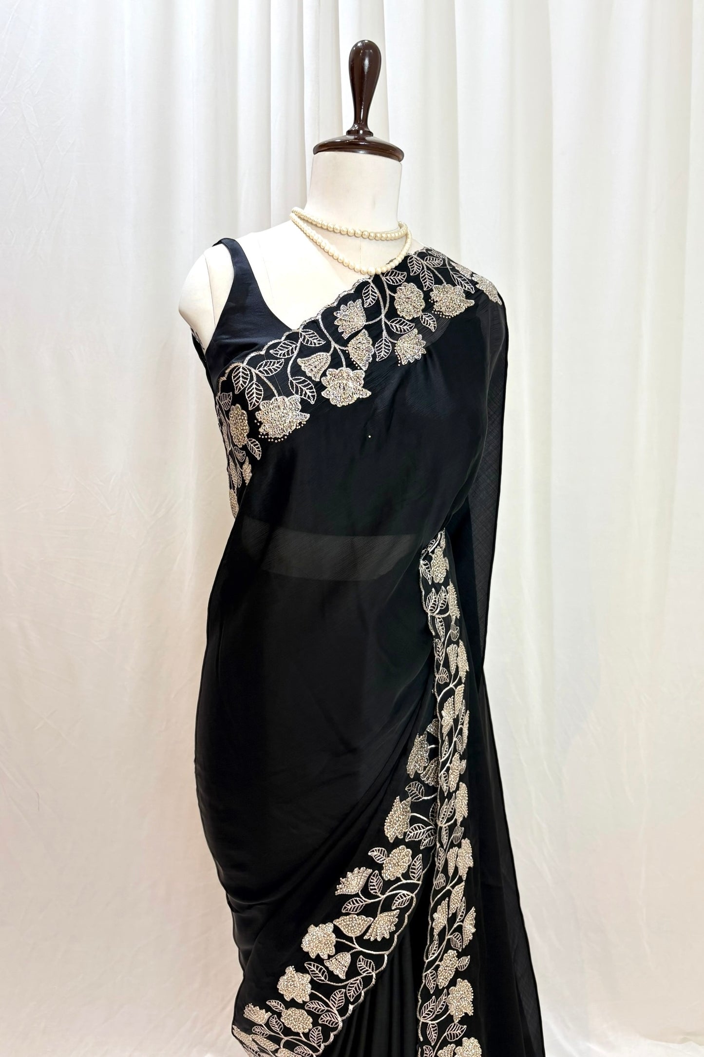 Floral embellished chiffon saree - Black