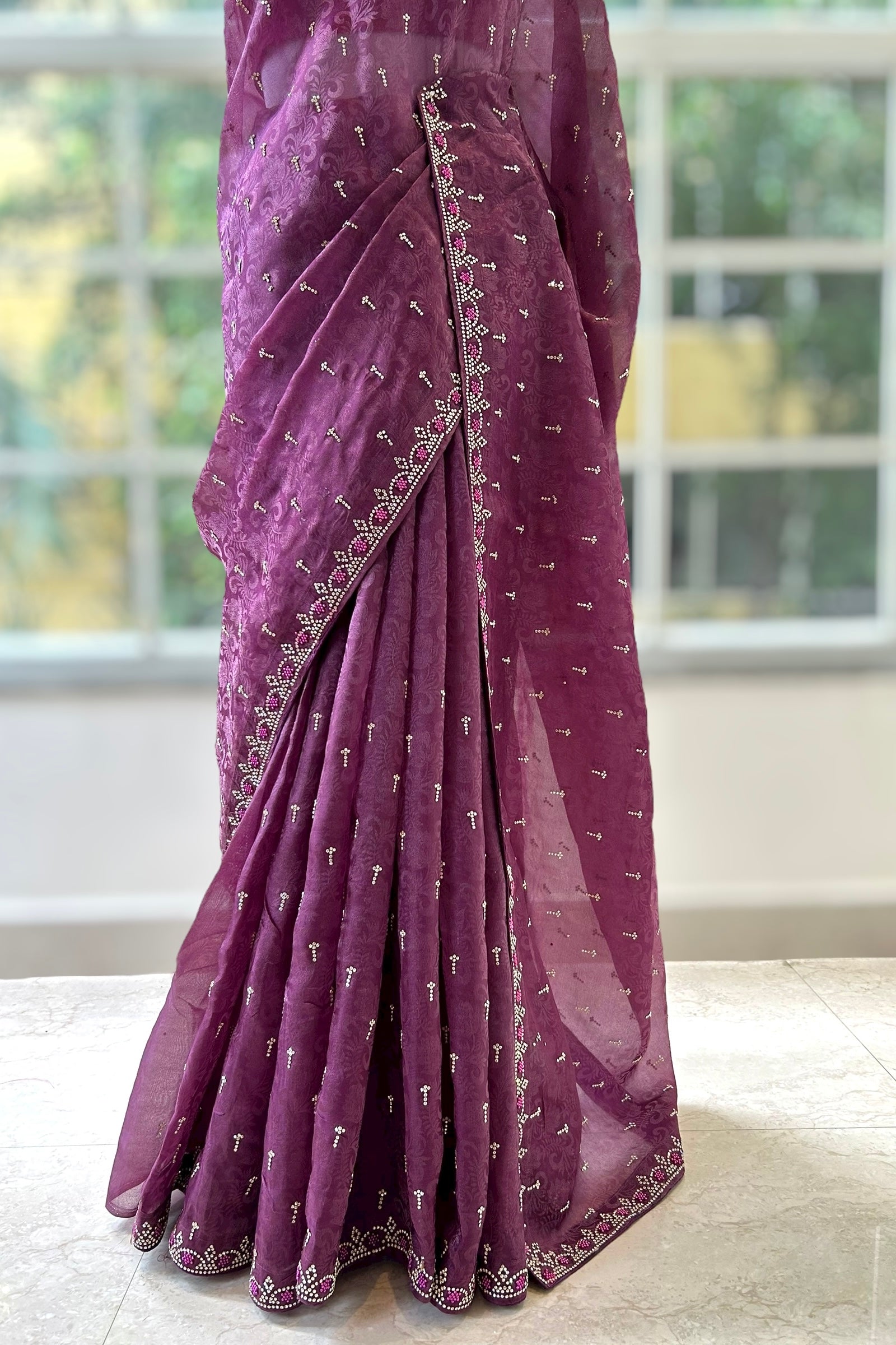 Self design organza silk saree - Violet