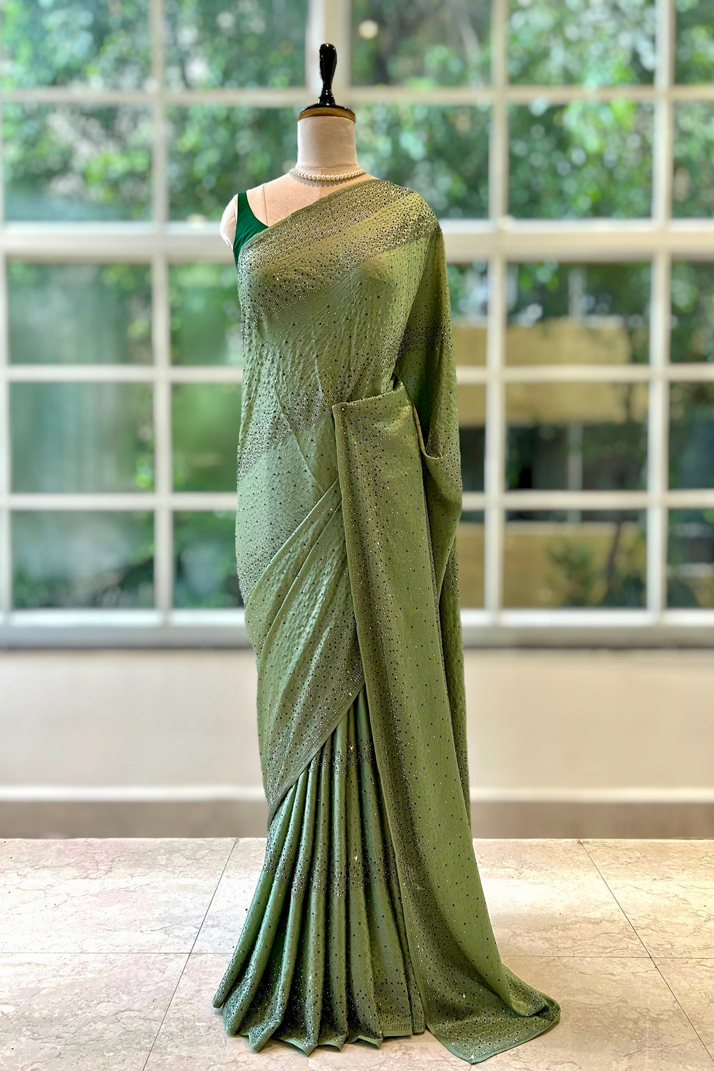 Soft satin sequins saree - Green