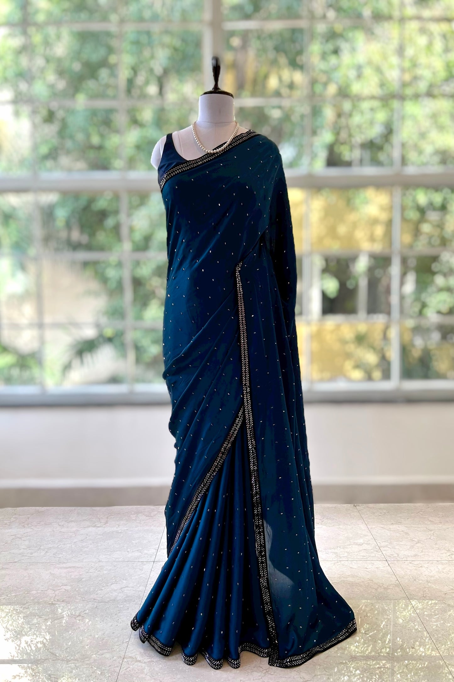 Satin sequins saree - Teal blue