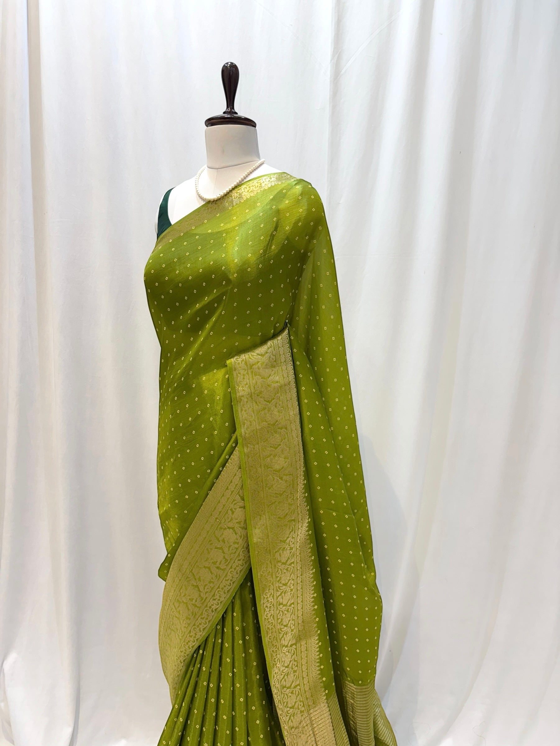 Bandhani print soft organza saree - Parrot green