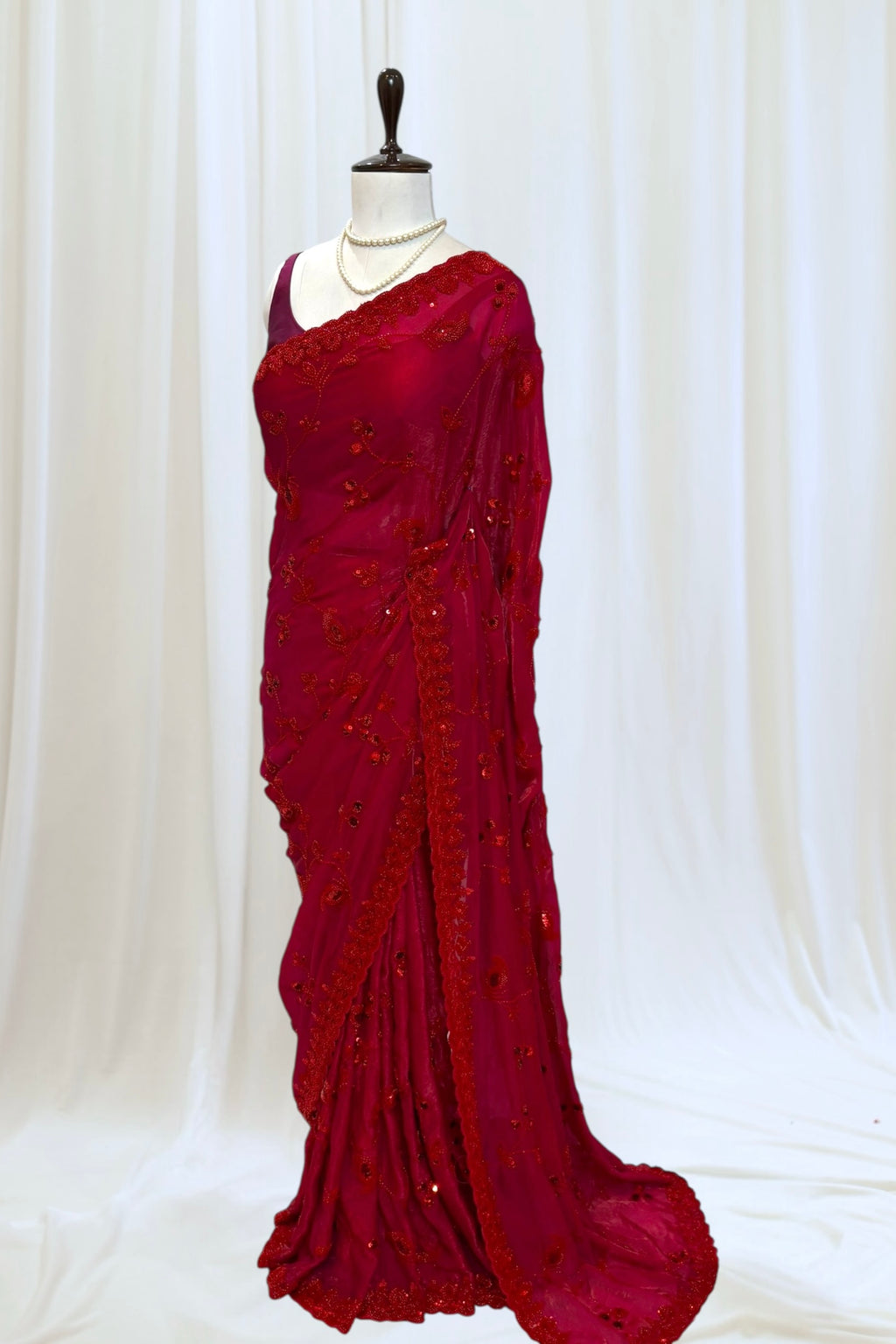 Crimson sequins bead work saree