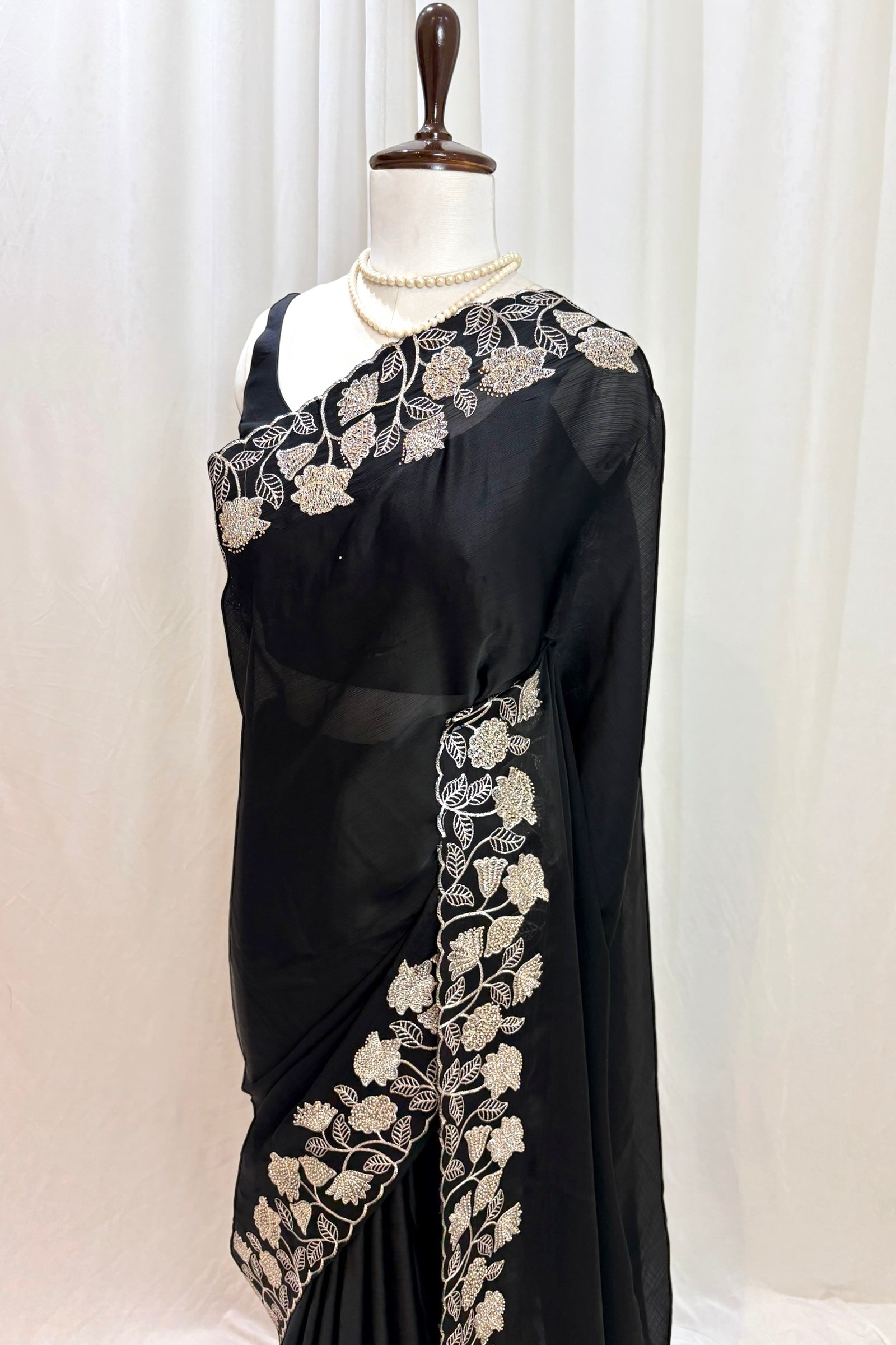 Floral embellished chiffon saree - Black