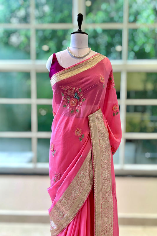 Pure soft powder pink organza saree