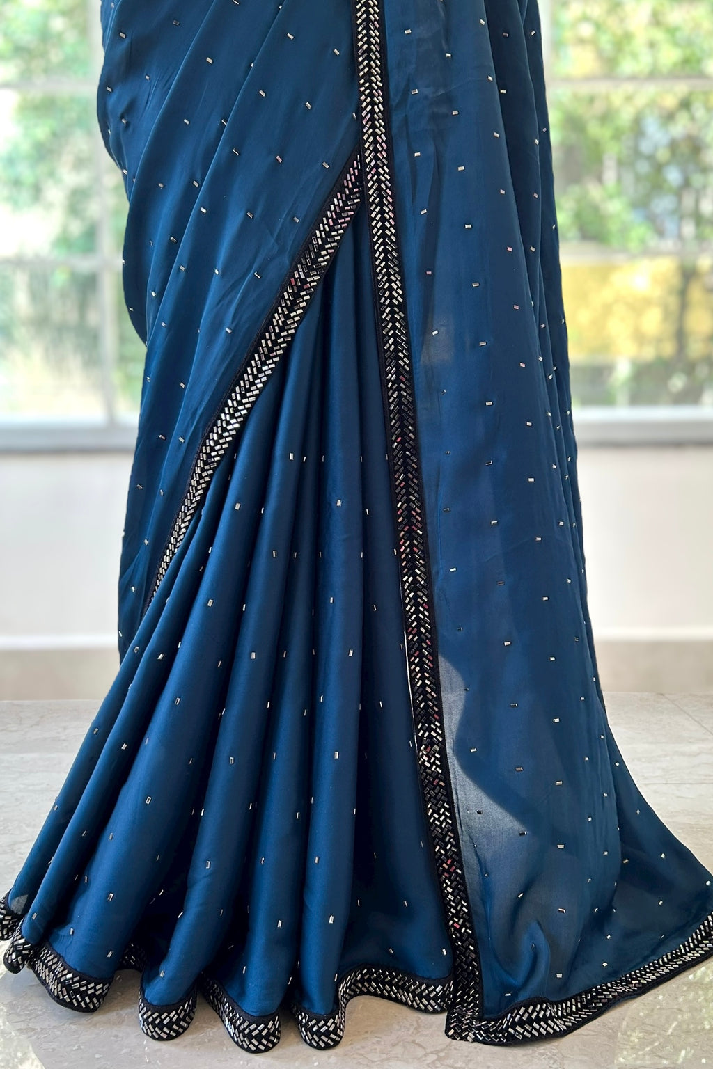 Satin sequins saree - Teal blue