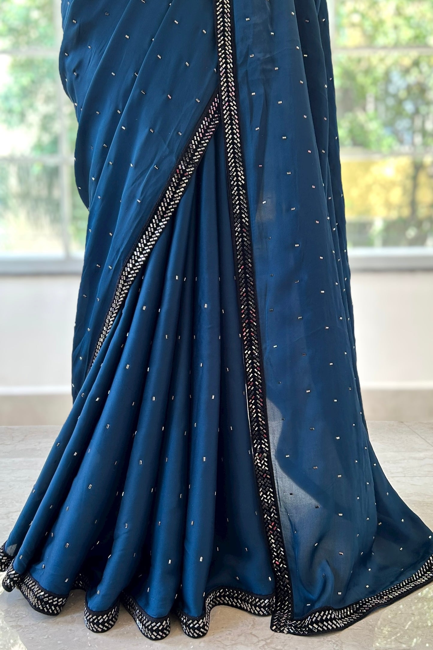 Satin sequins saree - Teal blue
