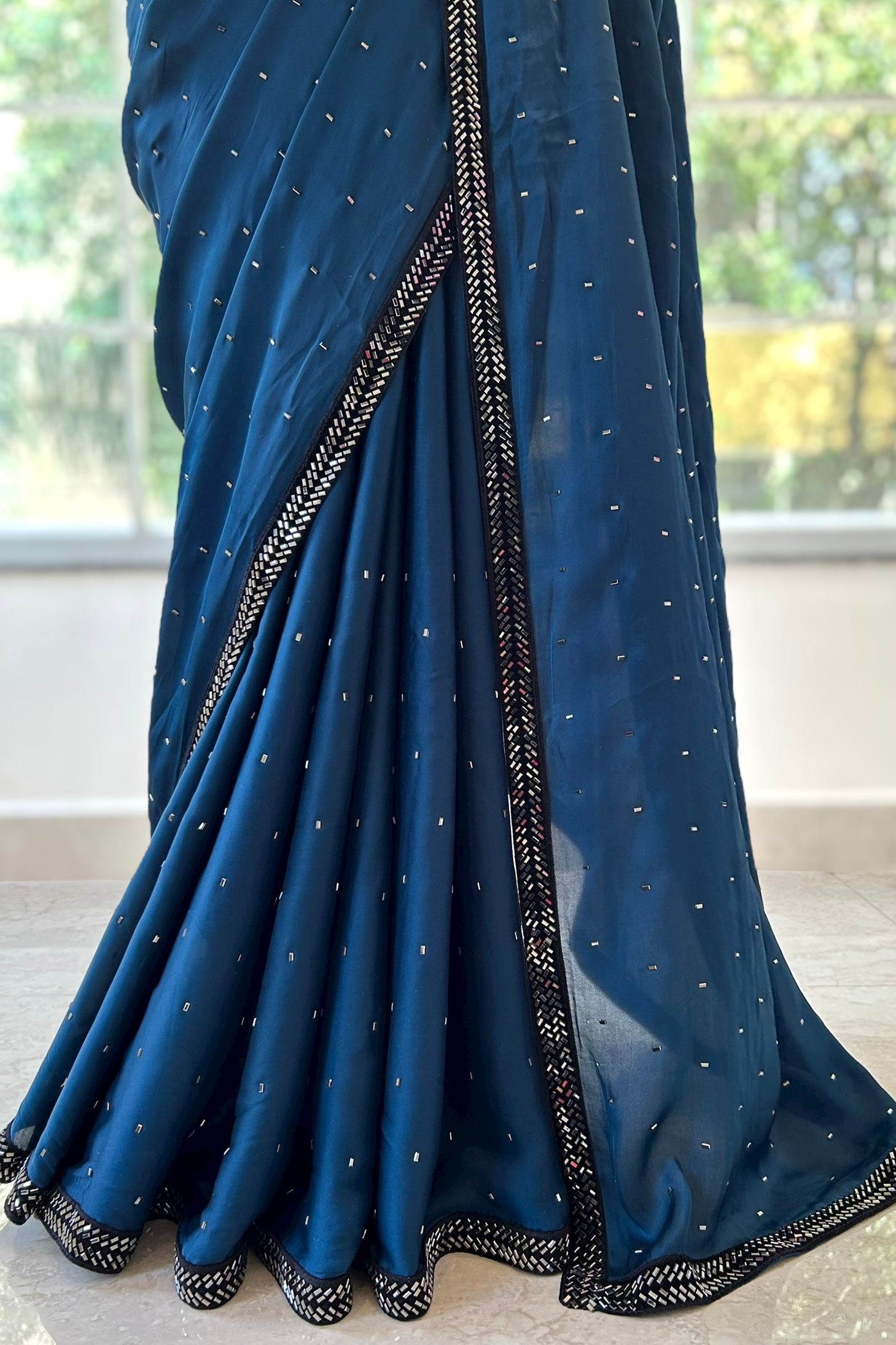 Satin sequins saree - Teal blue