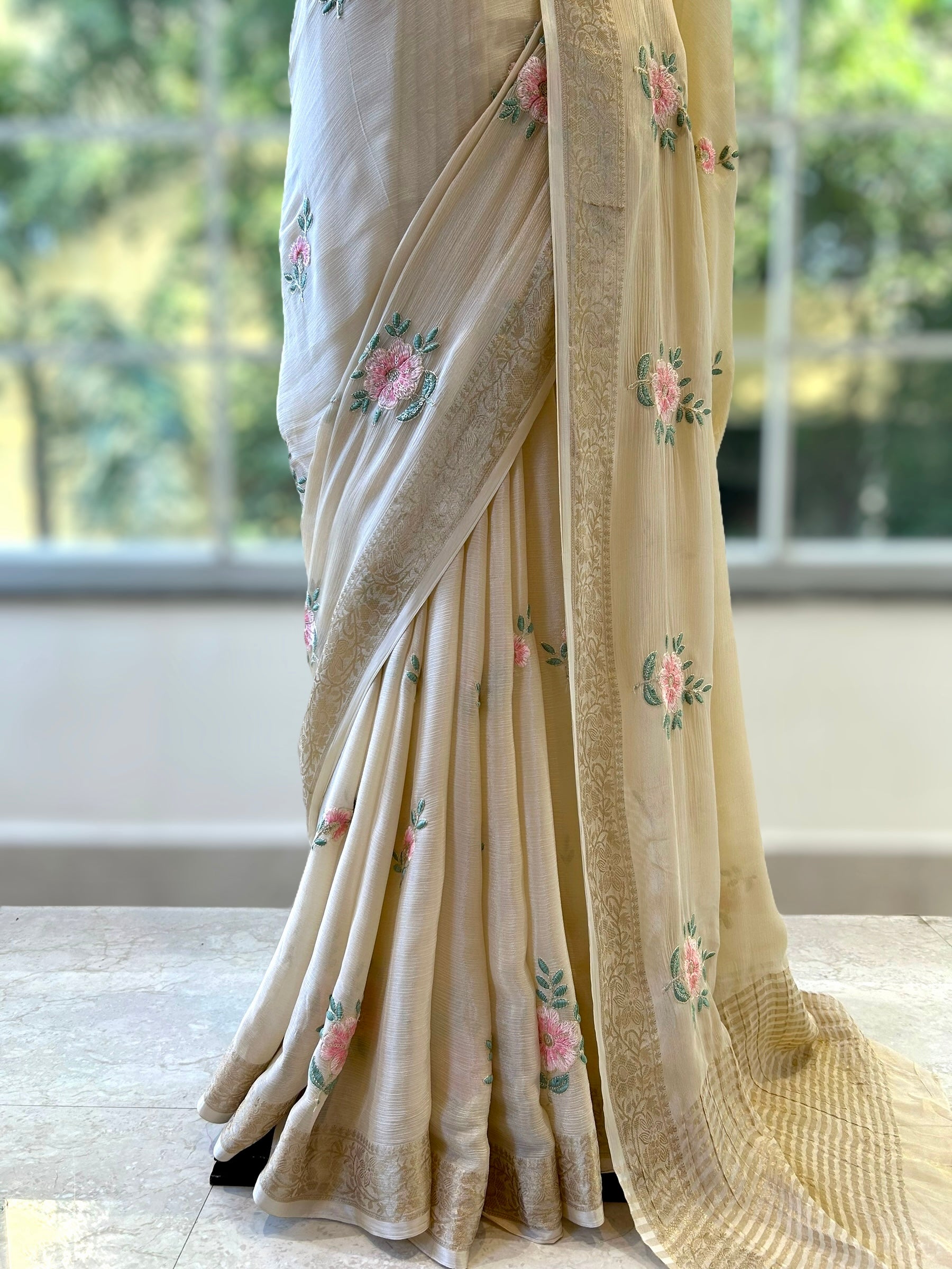 Beige pure marble chiffon saree