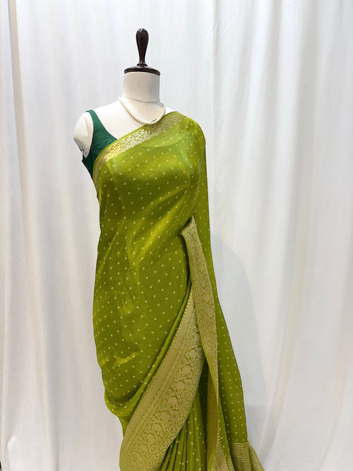 Bandhani print soft organza saree - Parrot green
