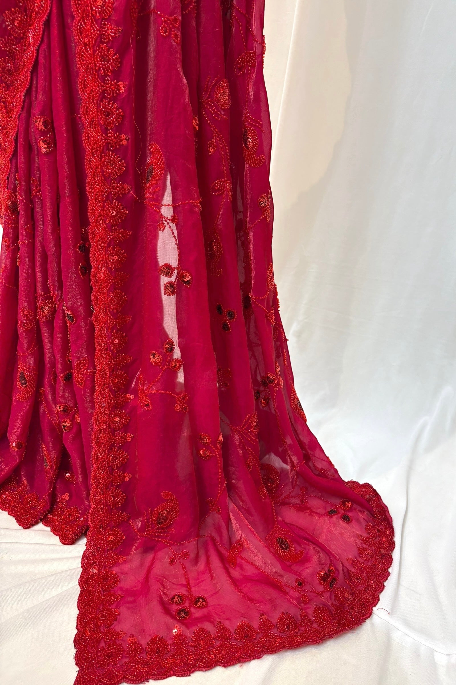 Crimson sequins bead work saree