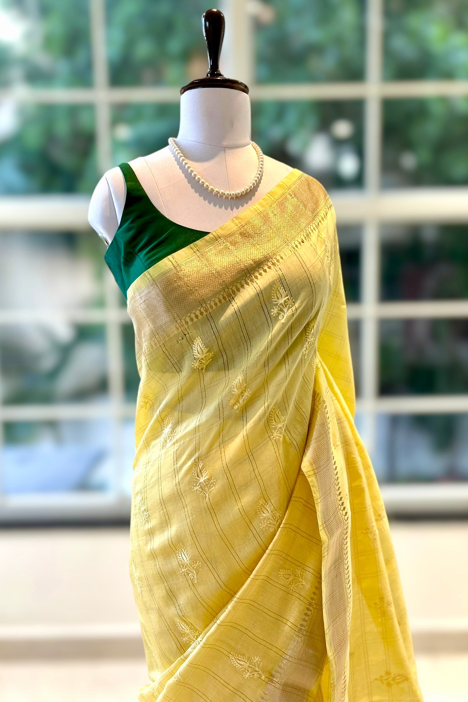 Soft embroidered zari cotton saree - Yellow