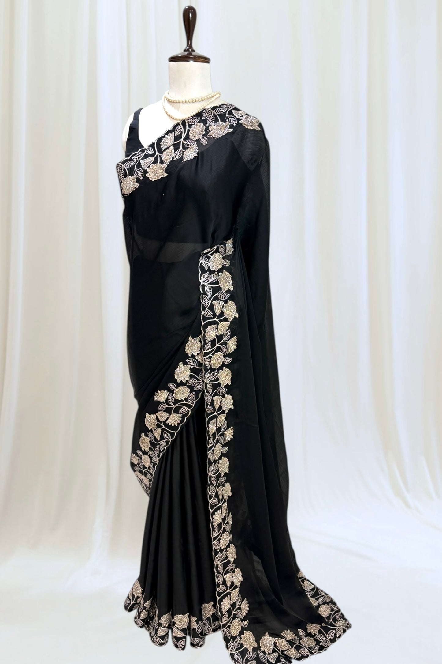 Floral embellished chiffon saree - Black