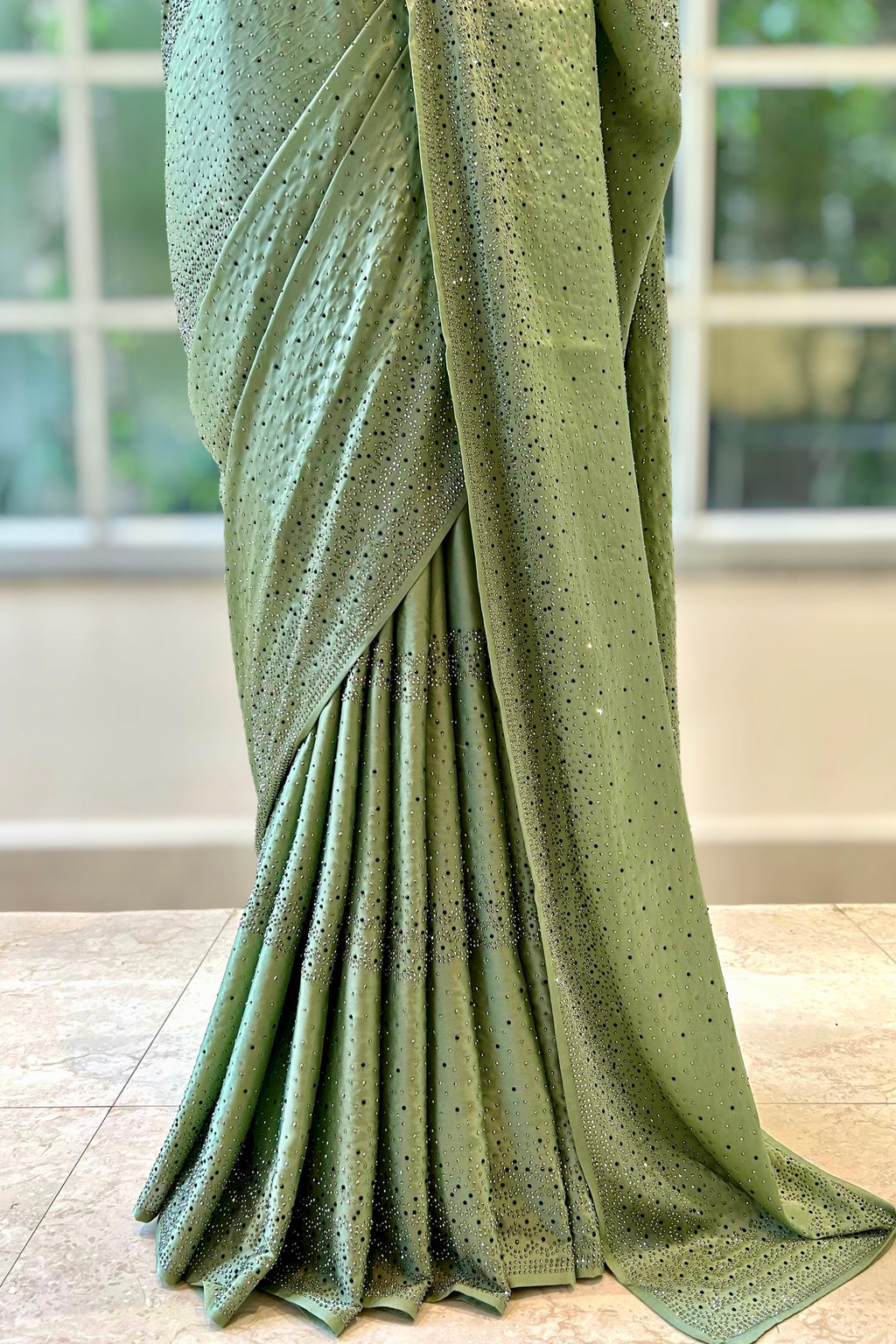 Soft satin sequins saree - Green