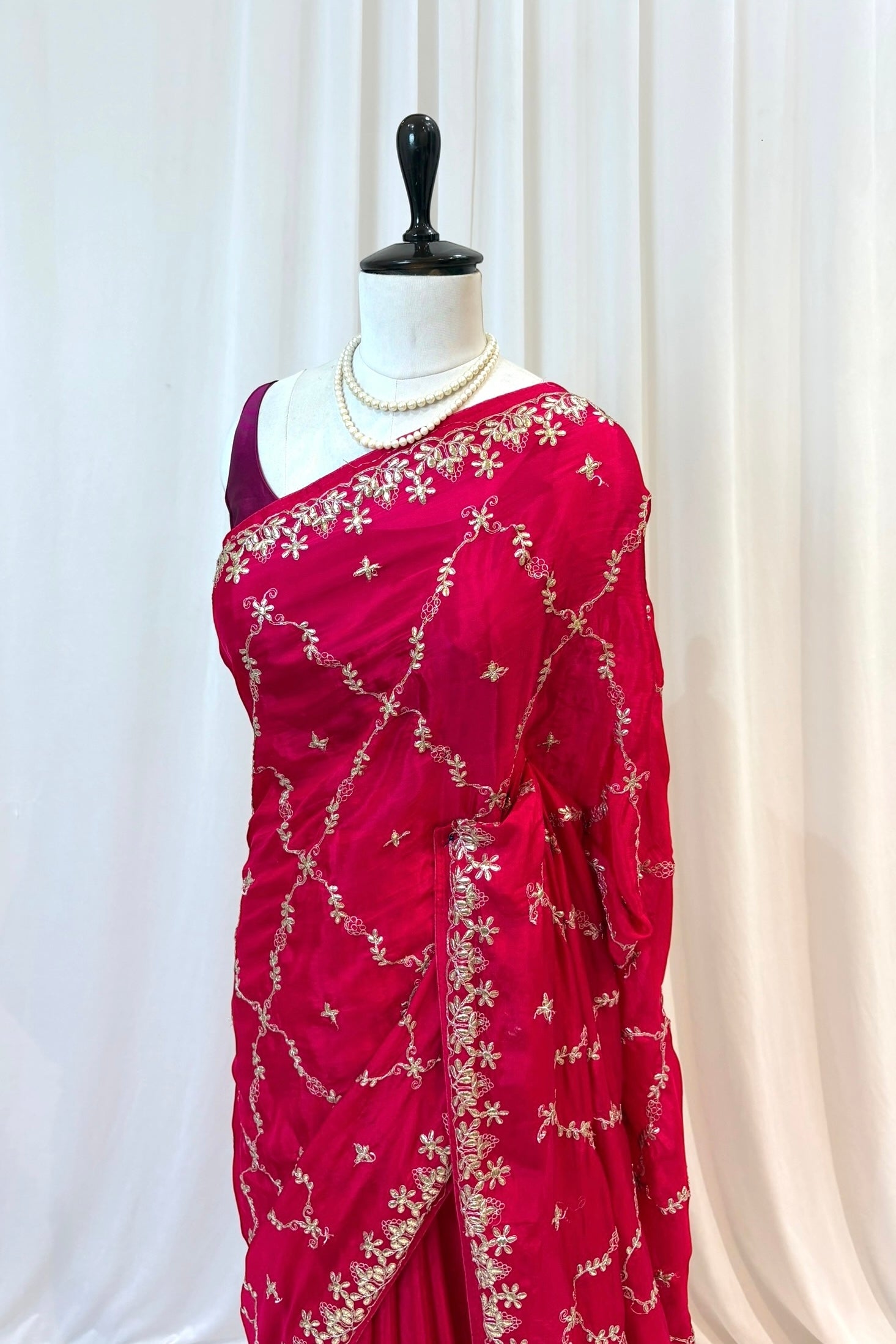 Soft organza silk embroidered saree - Rani pink