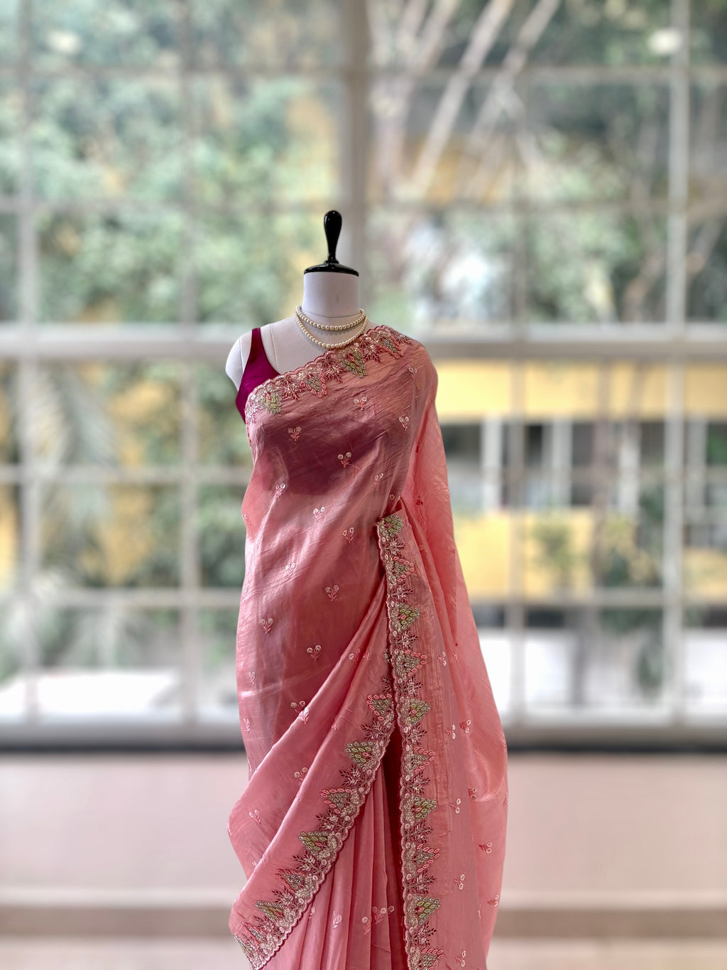 Pink shimmer organza saree