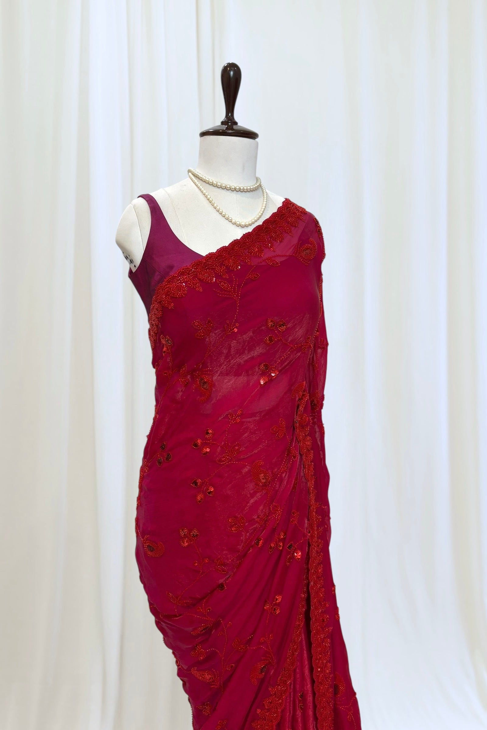 Crimson sequins bead work saree