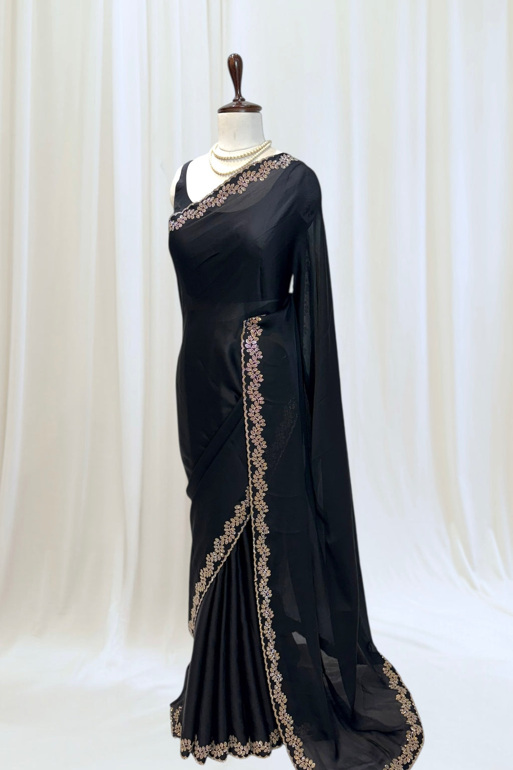 Minimalist swarovski chiffon saree - Black