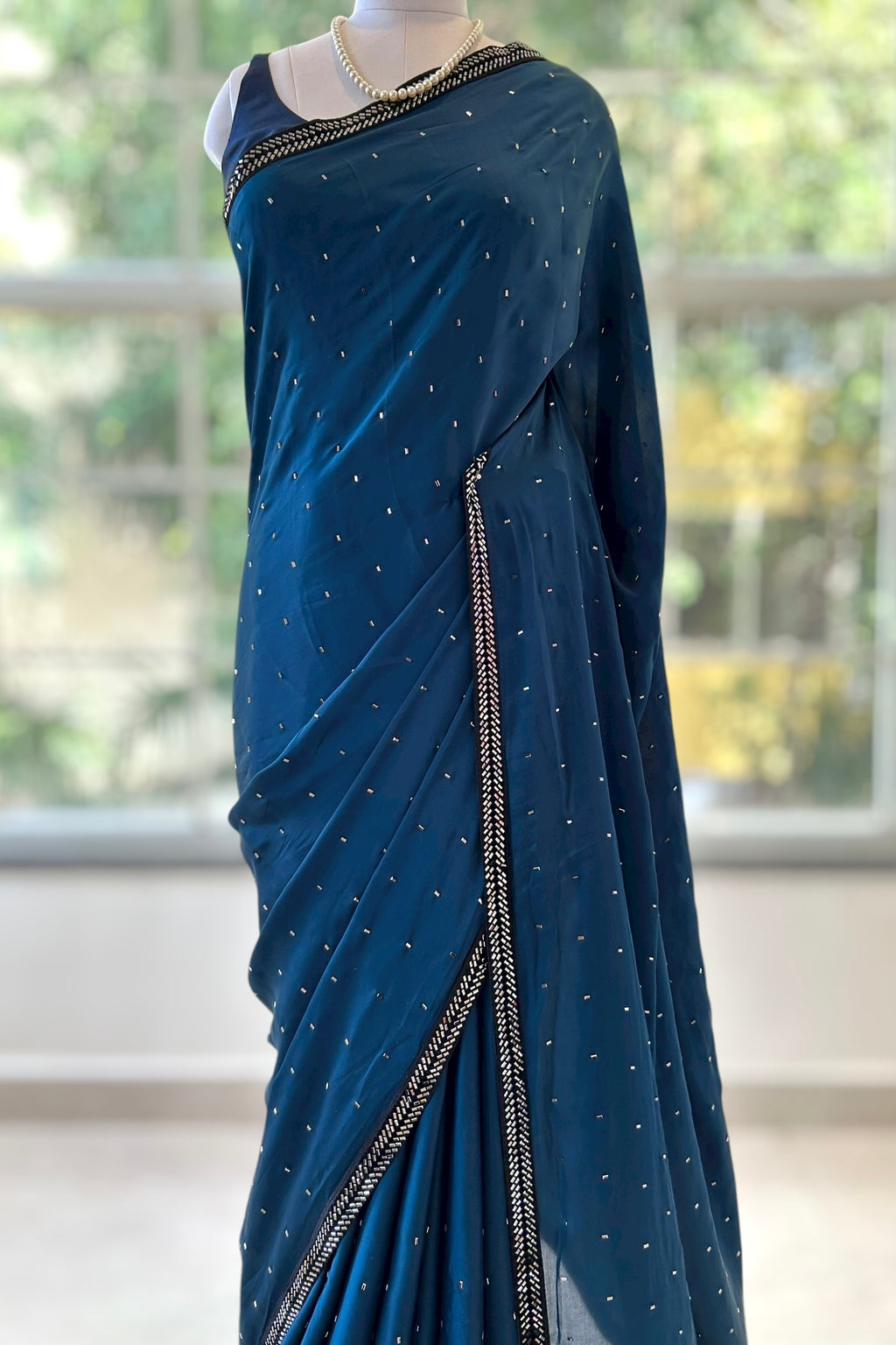 Satin sequins saree - Teal blue