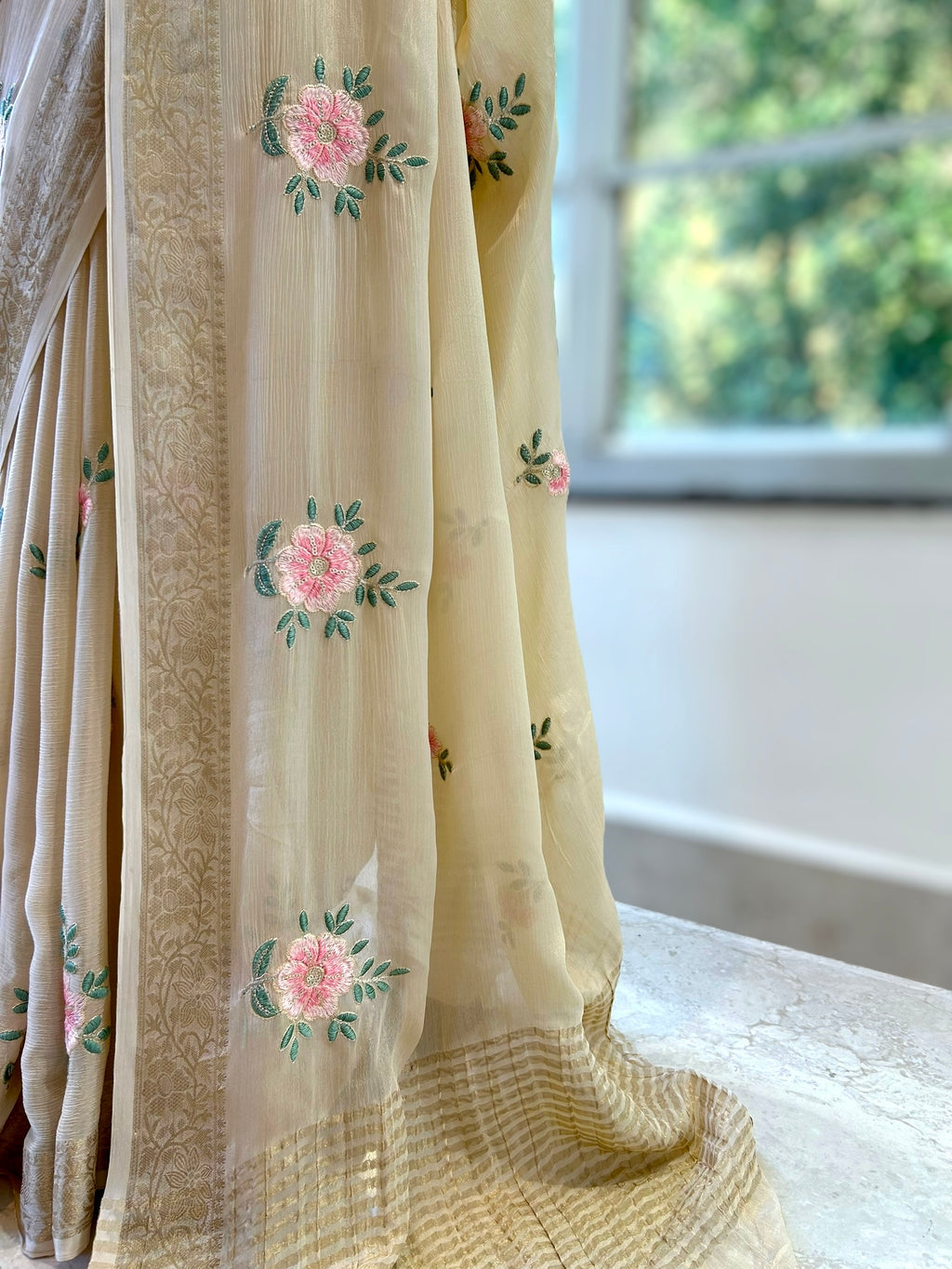 Beige pure marble chiffon saree