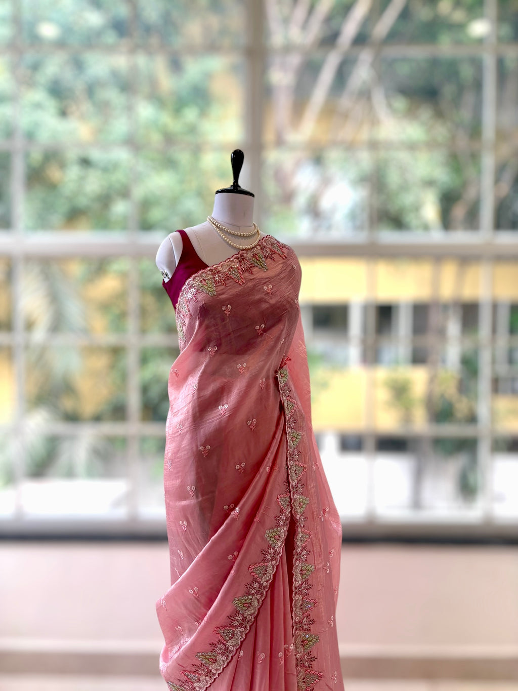 Pink shimmer organza saree