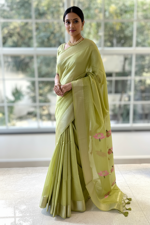 Lotus handloom saree - Lime green