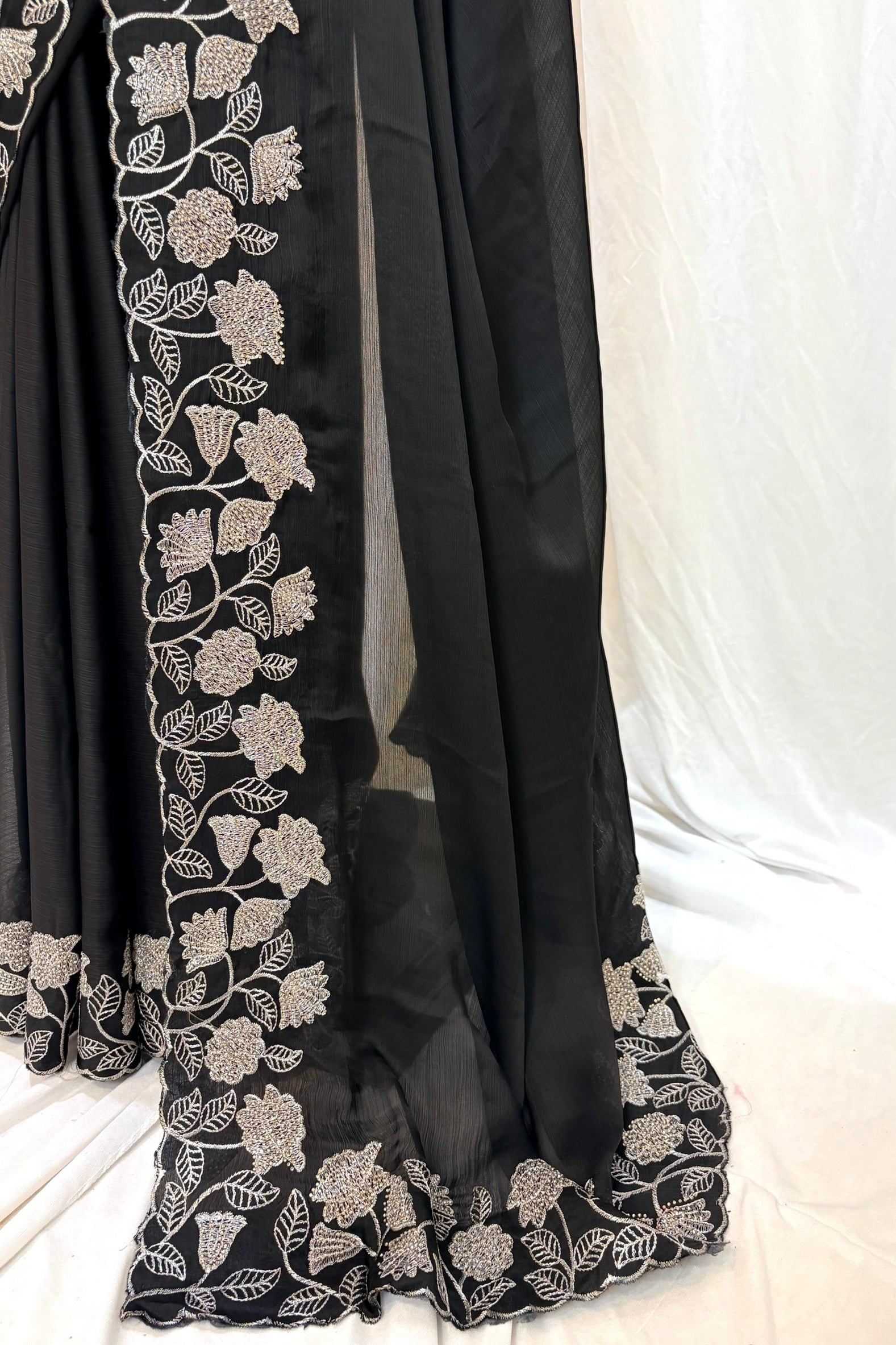 Floral embellished chiffon saree - Black